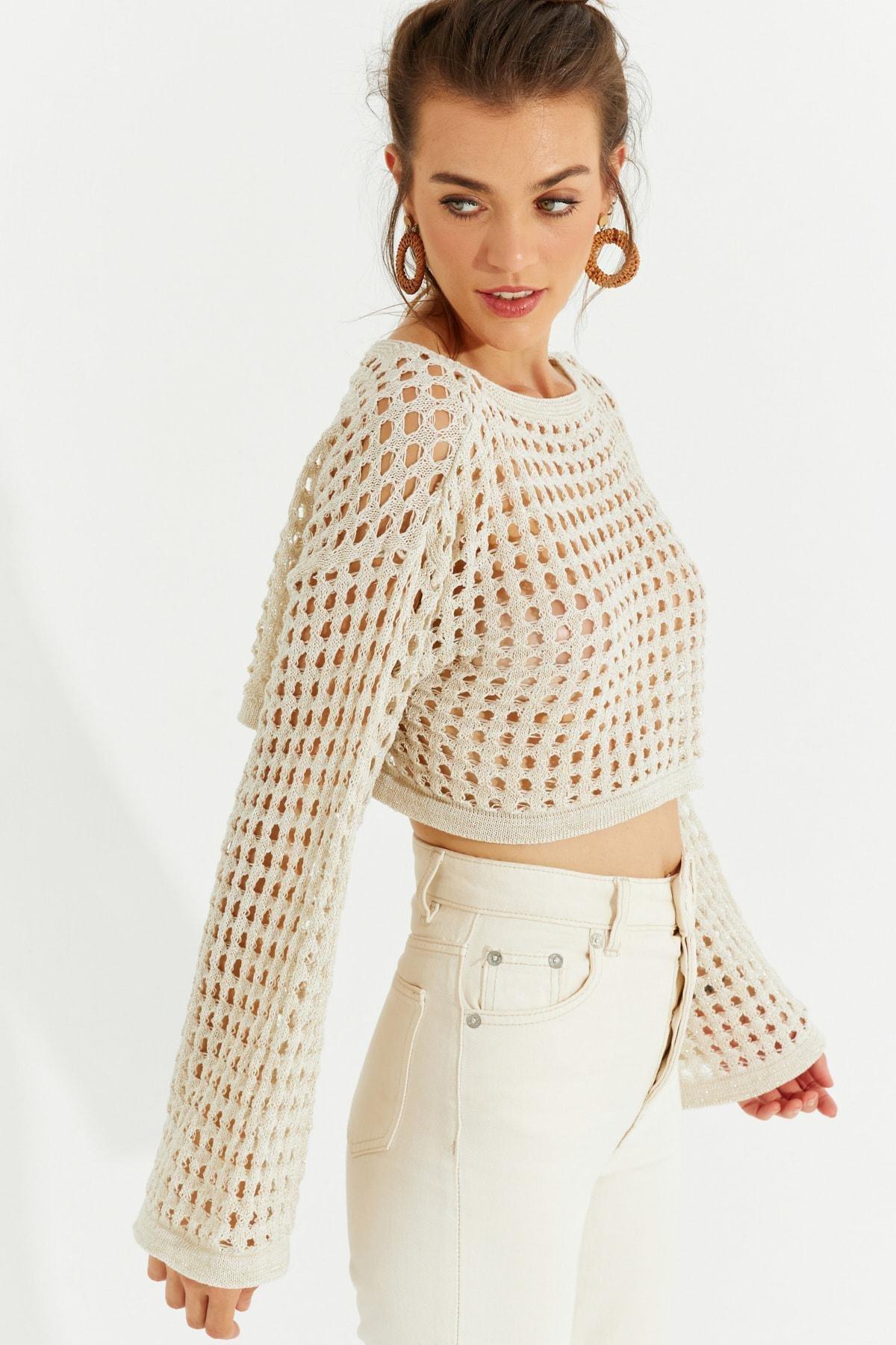 Ecru Glittery Openwork Knitwear Short Blouse, Ecru, large image number 4