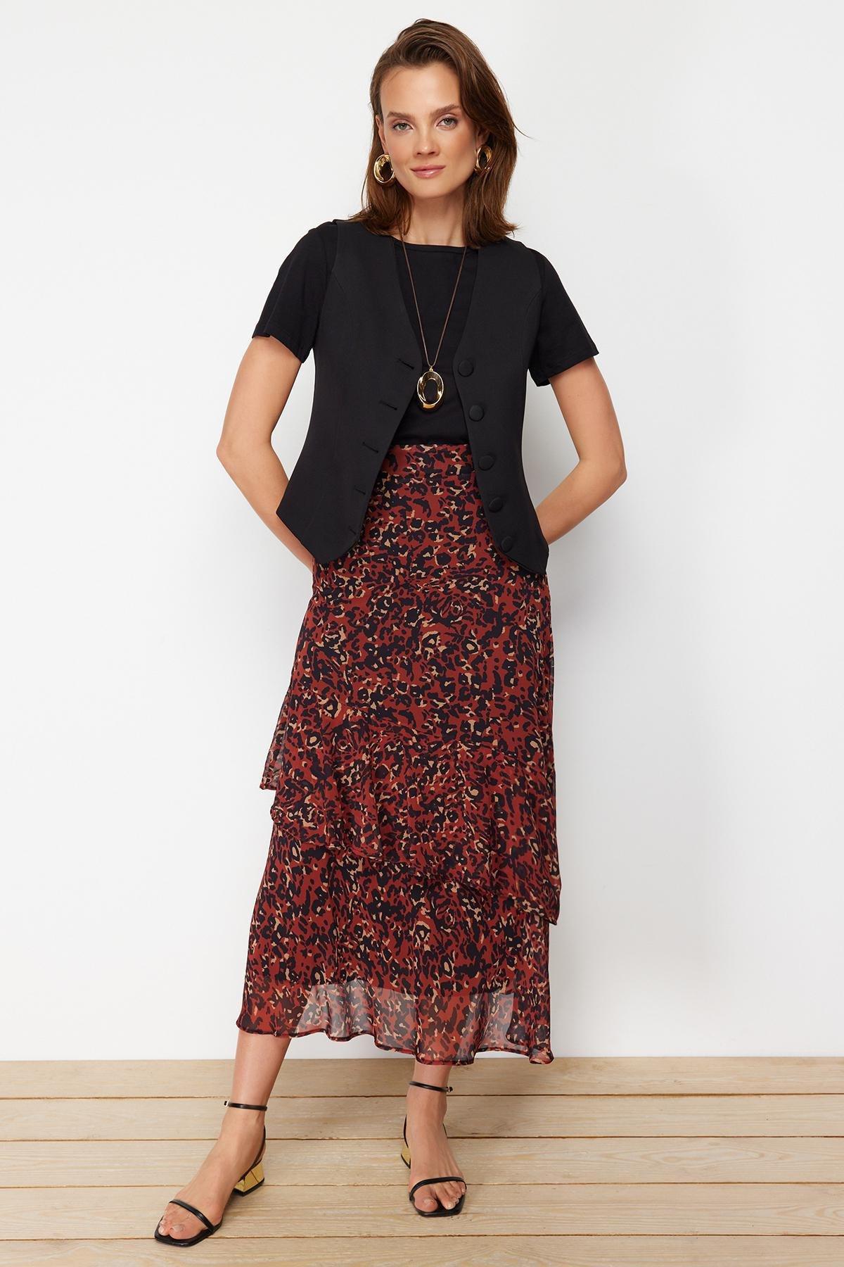 Trendyol - Red Animal Patterned Lined Woven Skirt