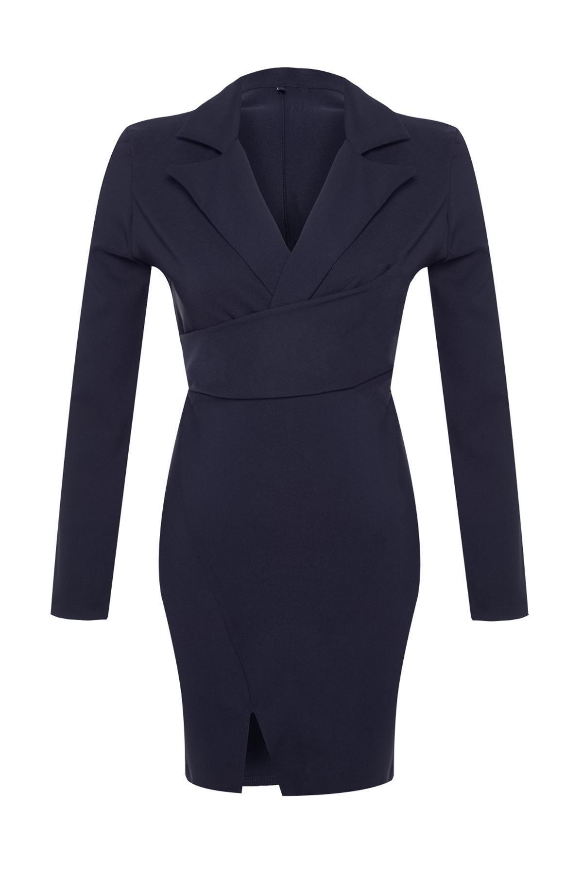 Trendyol - Blue Fitted Collared Detailed Dress