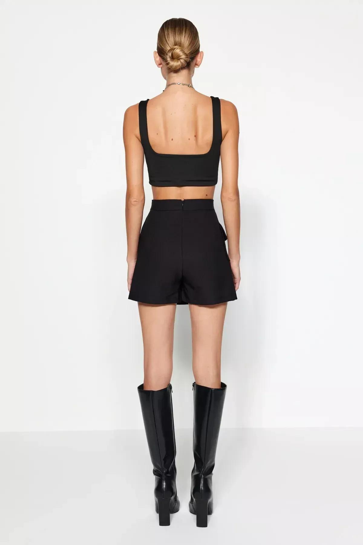 Black Accessorized Woven Mini Skirt, BLACK, large image number 5