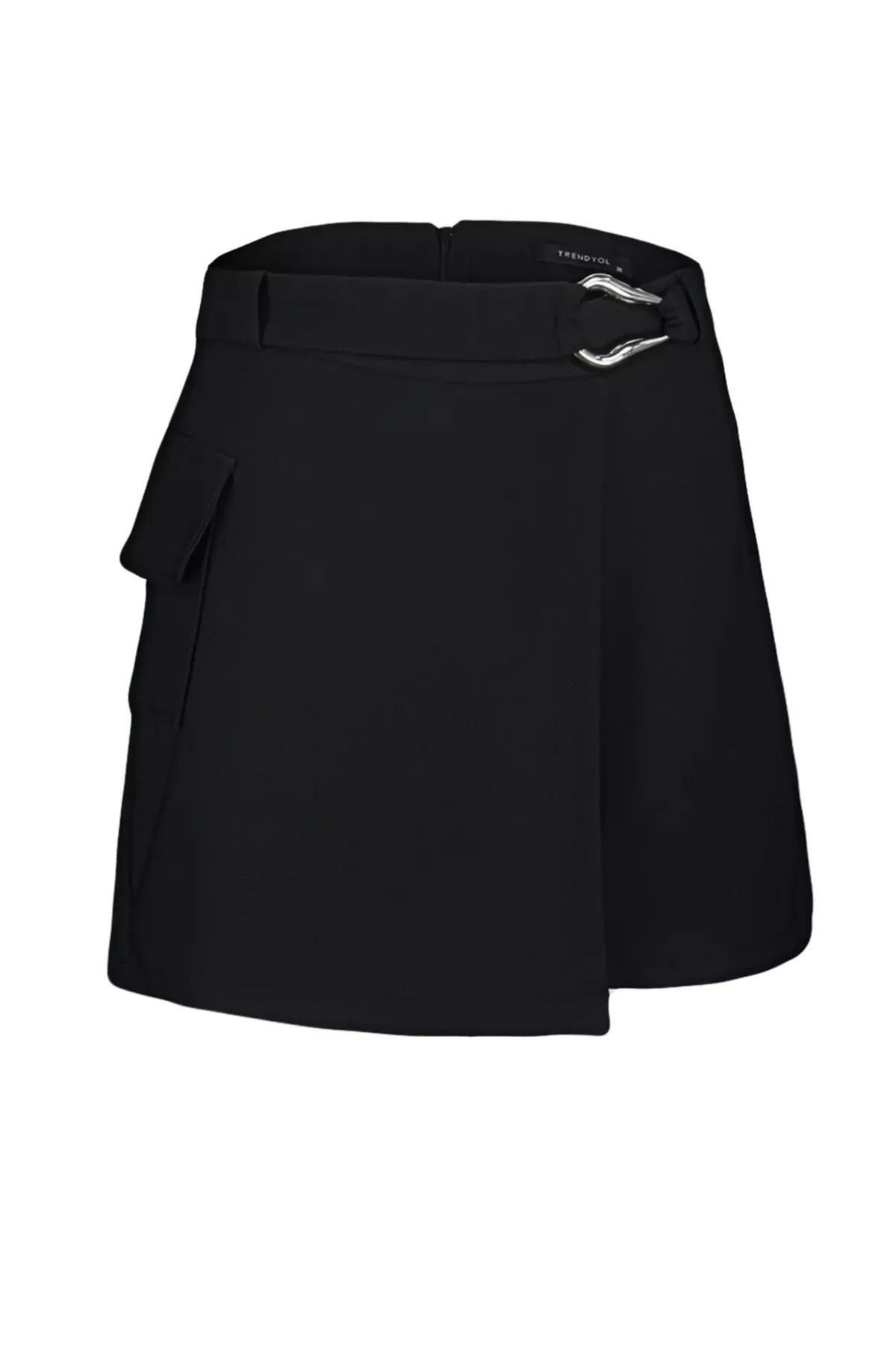 Black Accessorized Woven Mini Skirt, BLACK, large image number 6