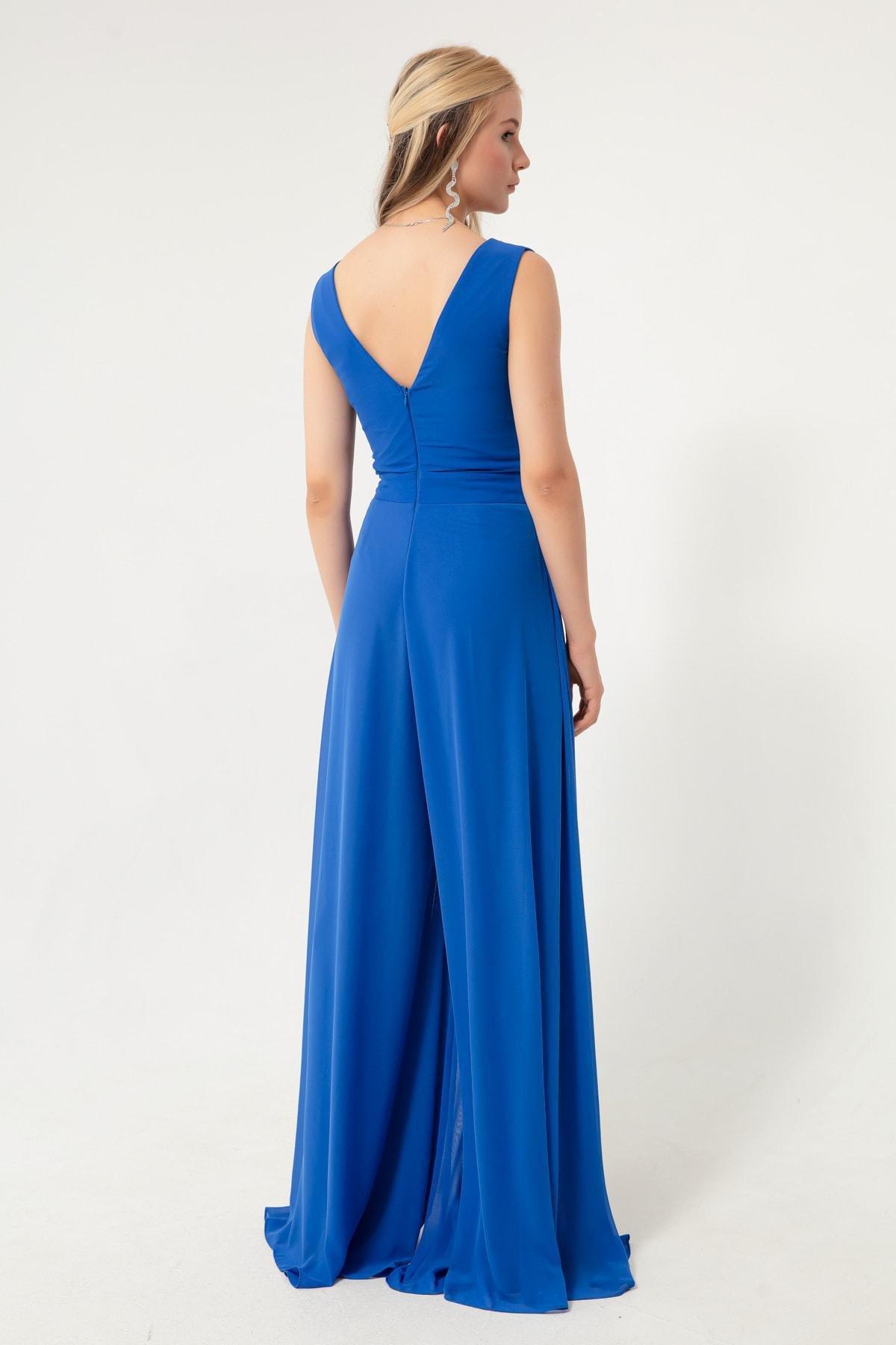 Lafaba - Blue Low-Cloud Chiffon Occasion Wear Dress Jumpsuit