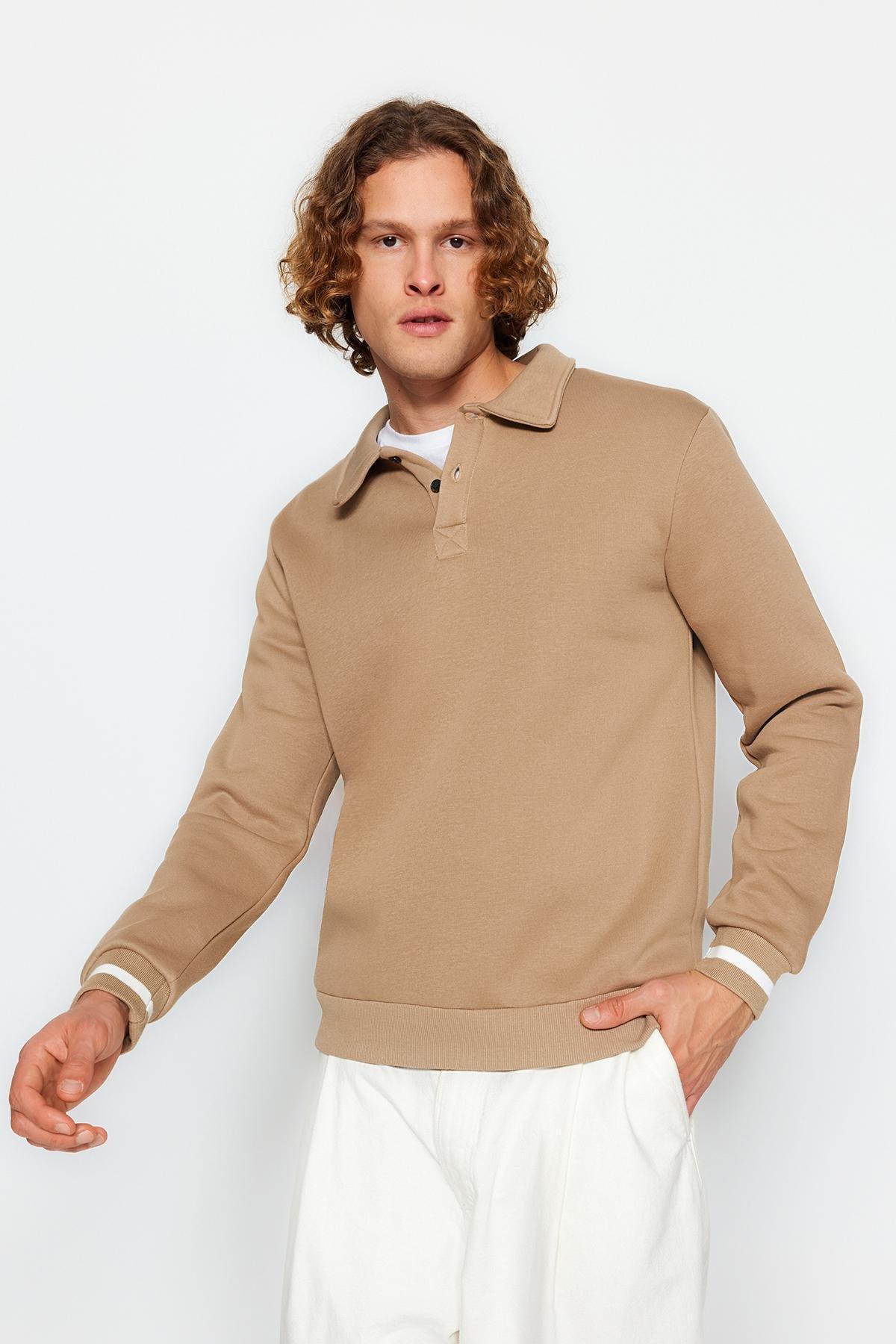 Trendyol - Beige Oversized Buttoned Sweatshirt