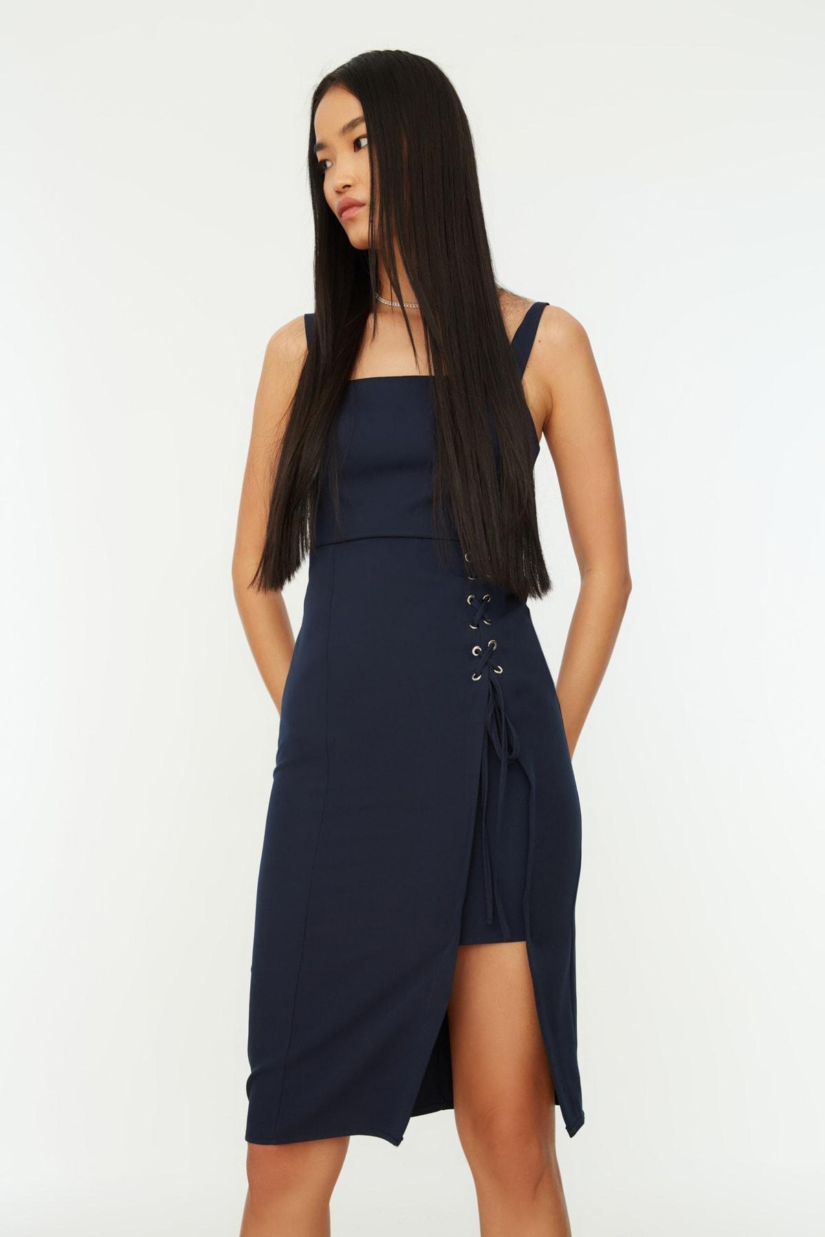 Navy Midi Slit Dress, Dark blue, large image number 0