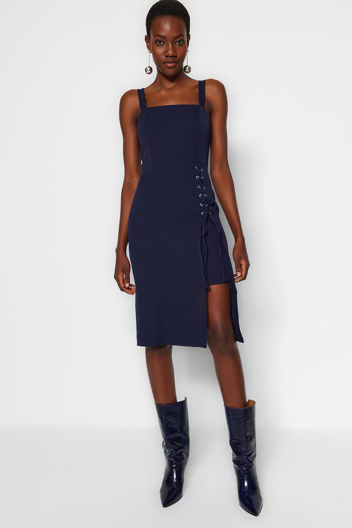 Navy Midi Slit Dress, Dark blue, large image number 5