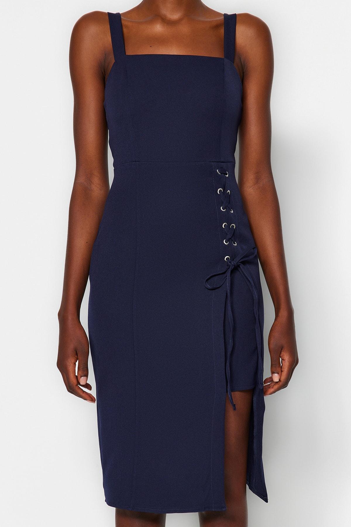 فستان متوسط الطول بفتحة، كحلي, Dark blue, large image number 7