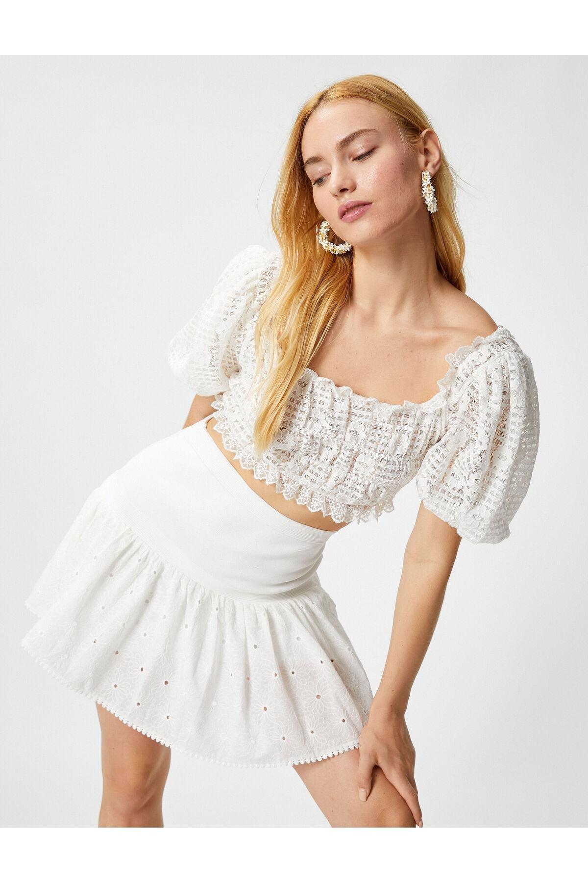 Koton - White Flared Scalloped Mini Skirt