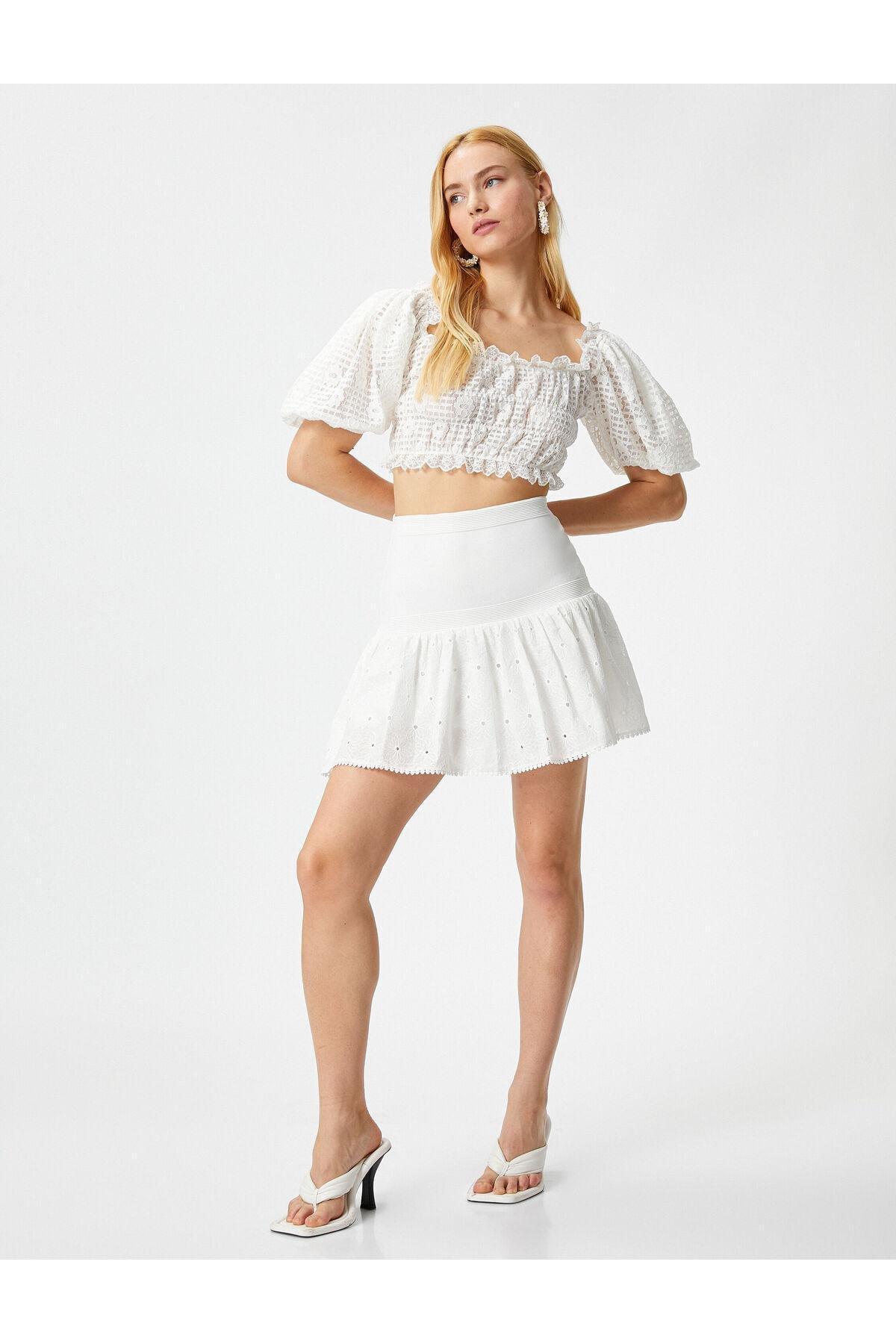 Koton - White Flared Scalloped Mini Skirt