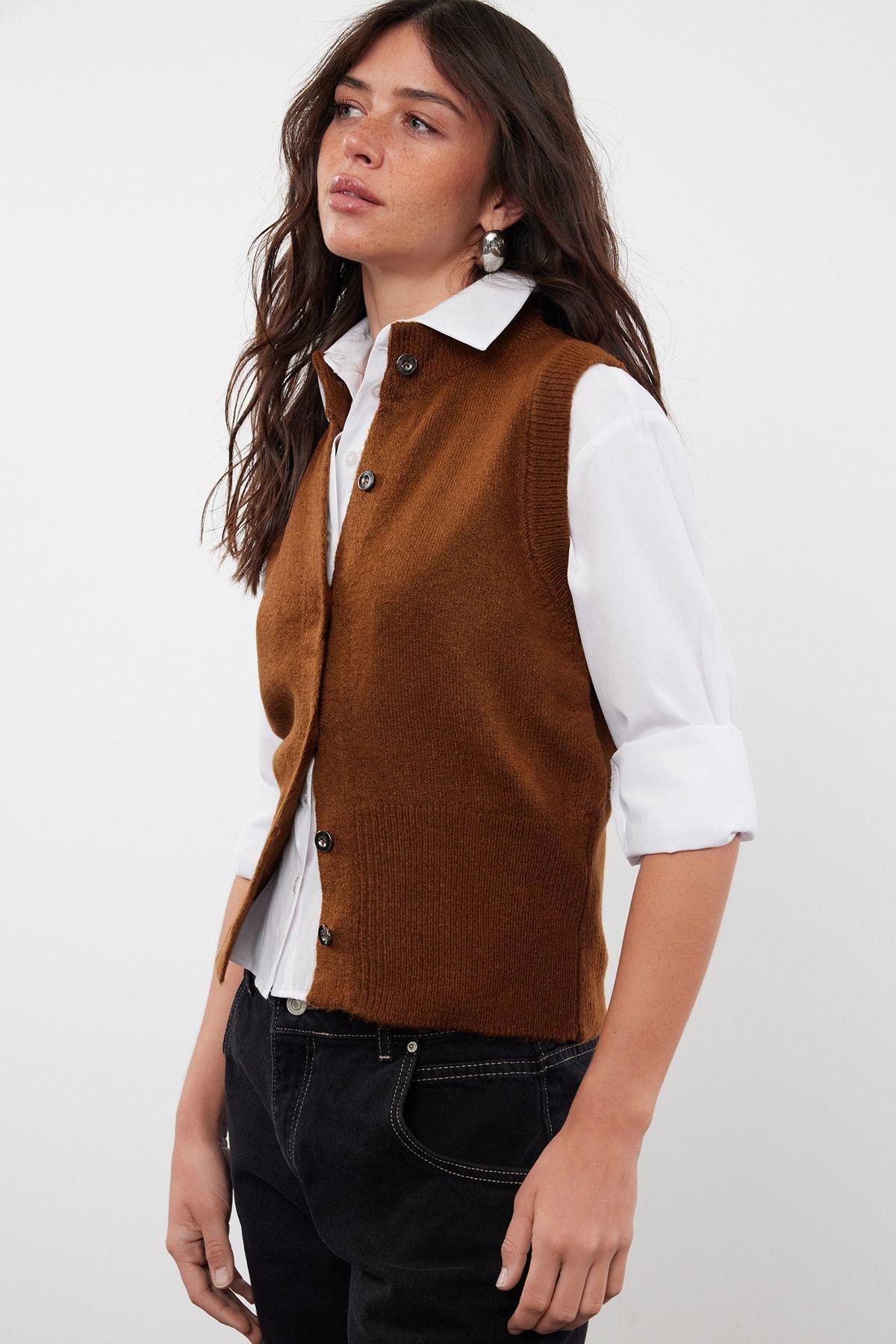 Limited Edition Brown Soft Textured Knitwear Cardigan TWOAW24HI00403, Single item, , large image number 0