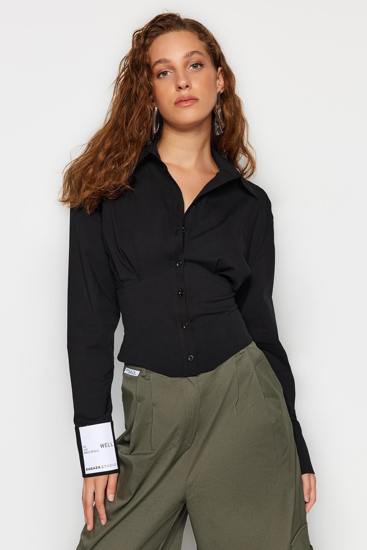 Black Corset Detailed Poplin Shirt, , large image number 0