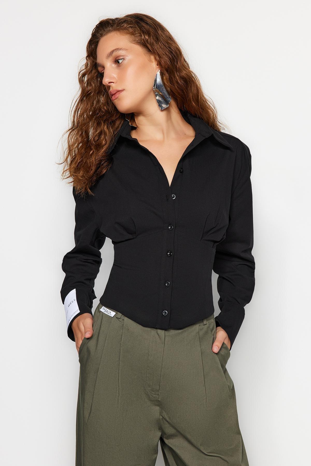 Black Corset Detailed Poplin Shirt, , large image number 1