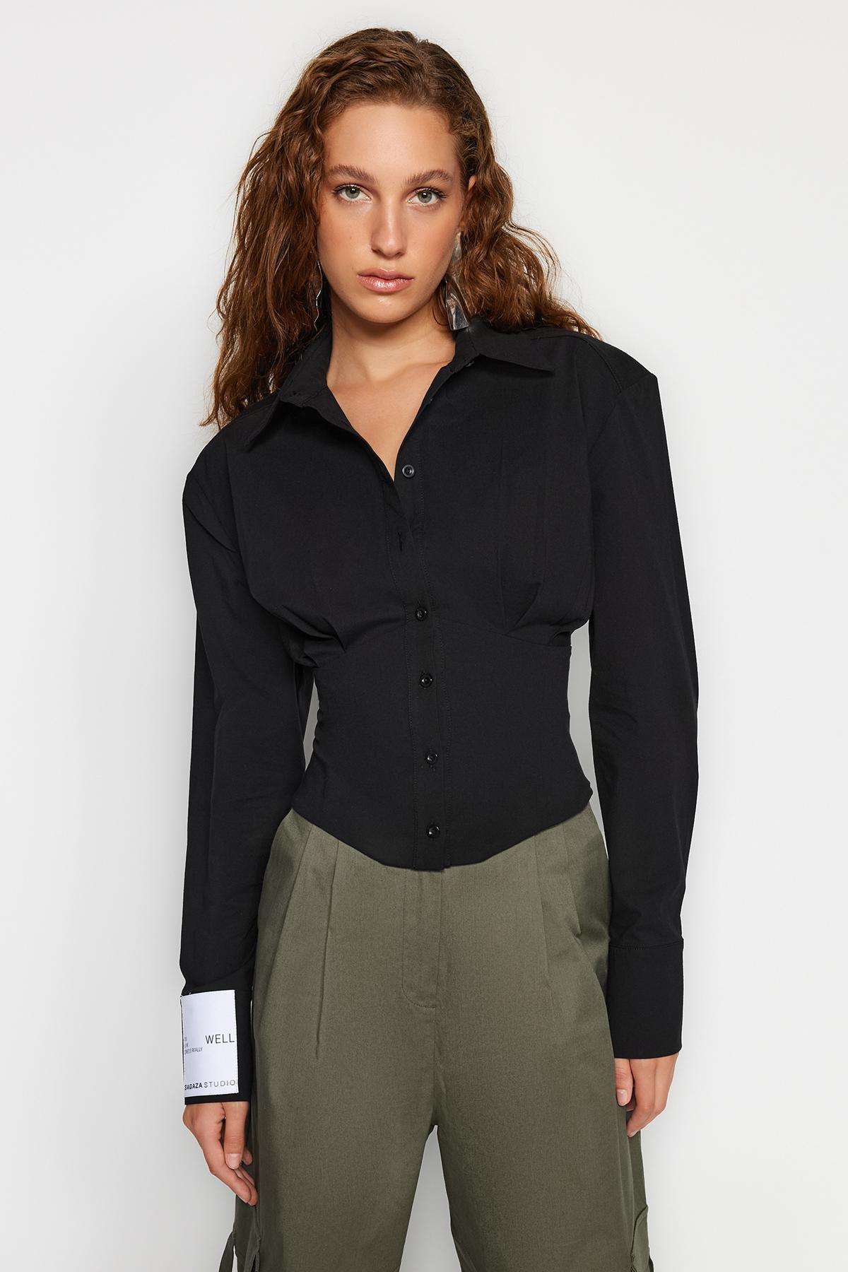 Black Corset Detailed Poplin Shirt, , large image number 2
