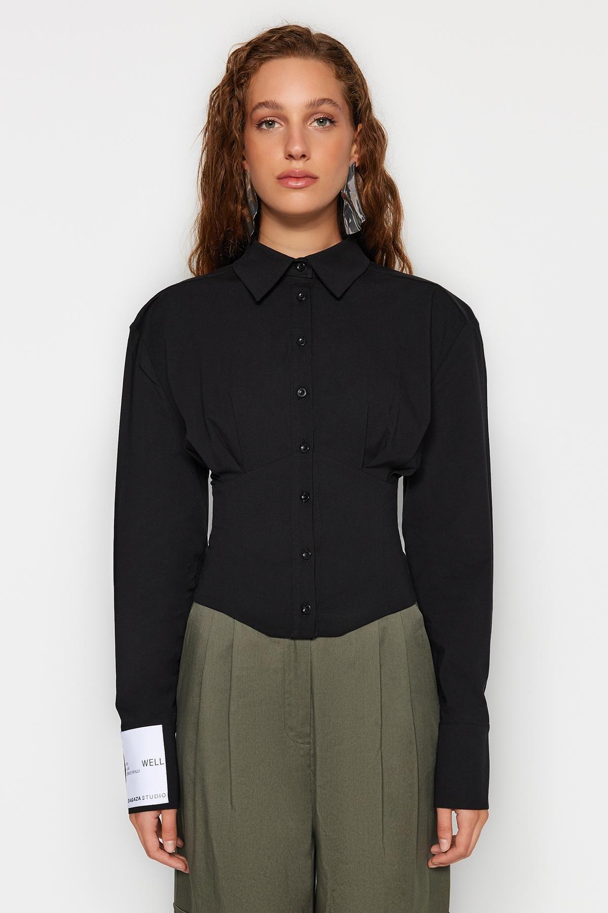 Black Corset Detailed Poplin Shirt, , large image number 3