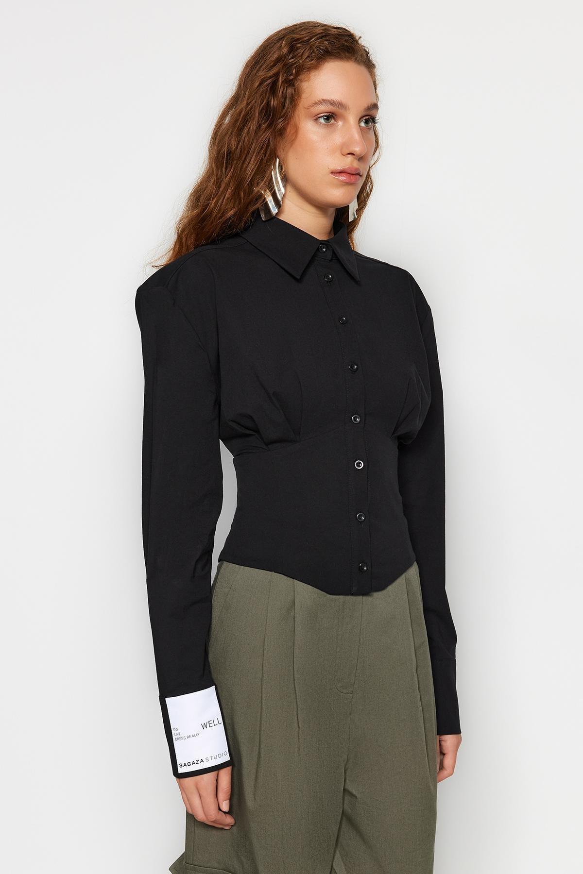 Black Corset Detailed Poplin Shirt, , large image number 4