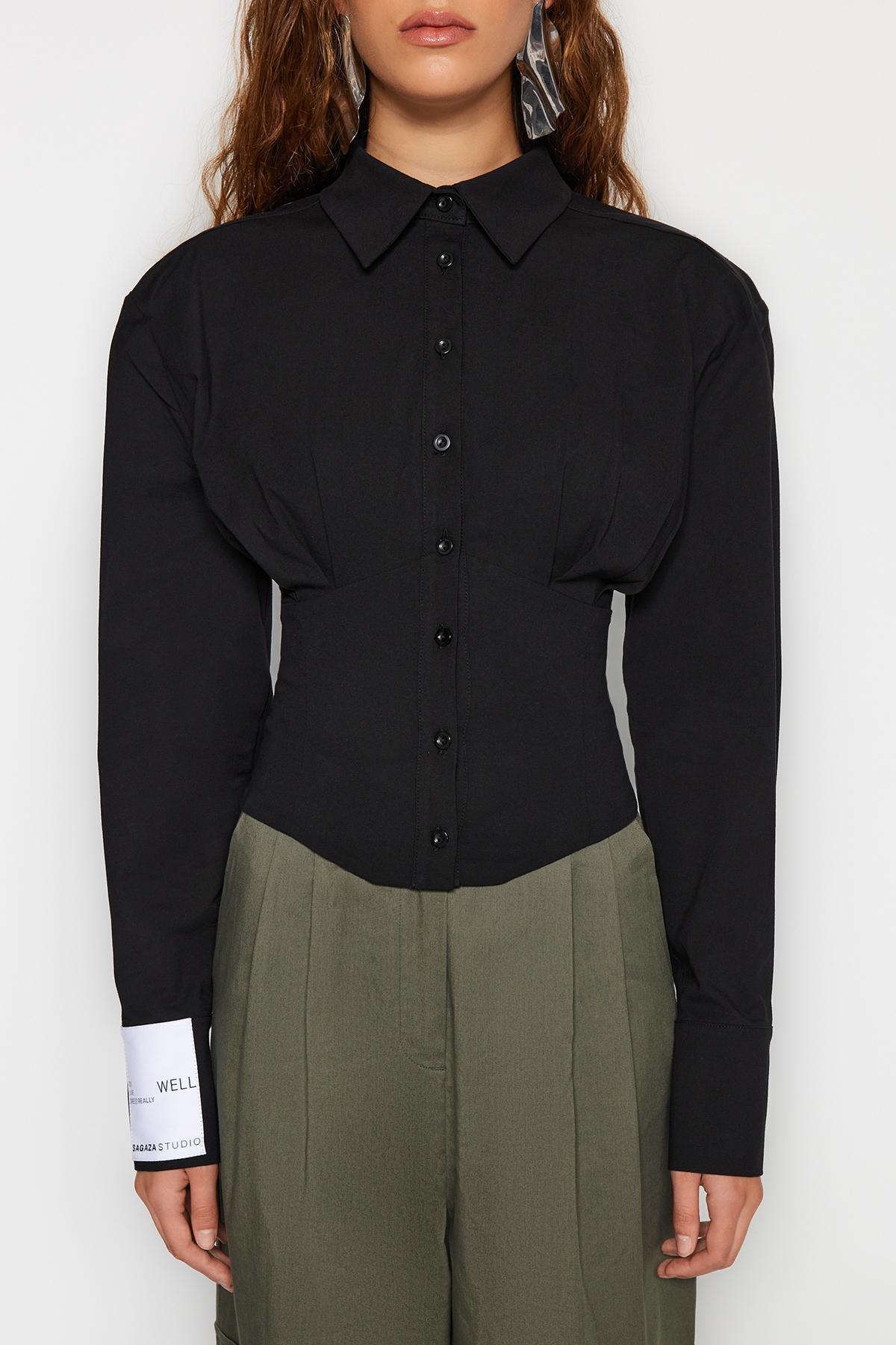 Black Corset Detailed Poplin Shirt, , large image number 5