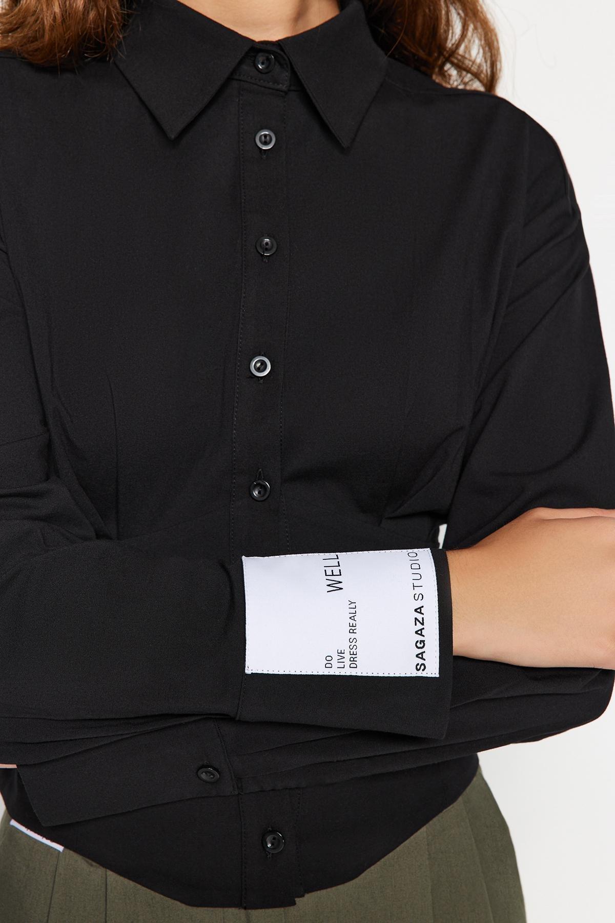 Black Corset Detailed Poplin Shirt, , large image number 6
