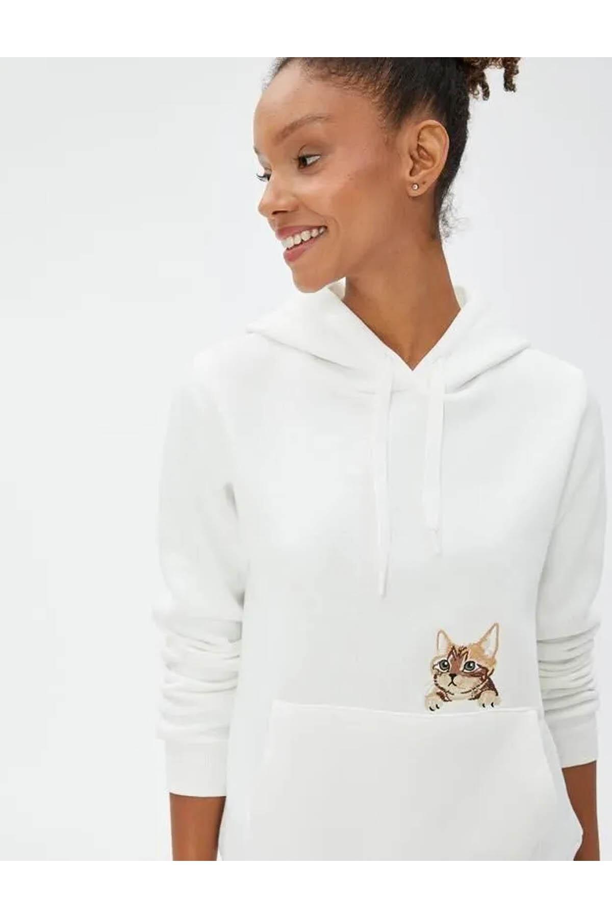 Koton - Ecru Hooded Cat Printed Sweatshirt