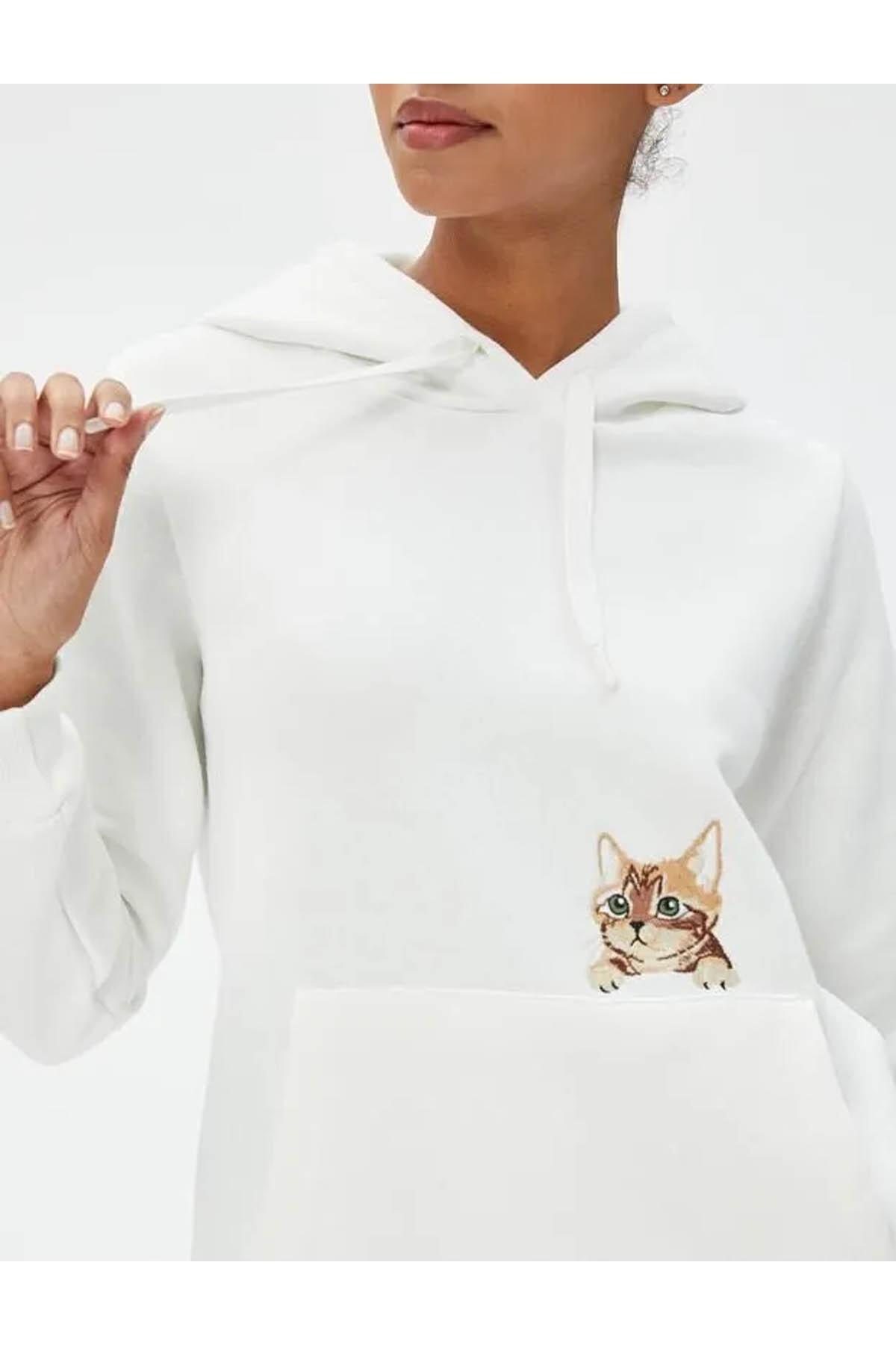Koton - Ecru Hooded Cat Printed Sweatshirt