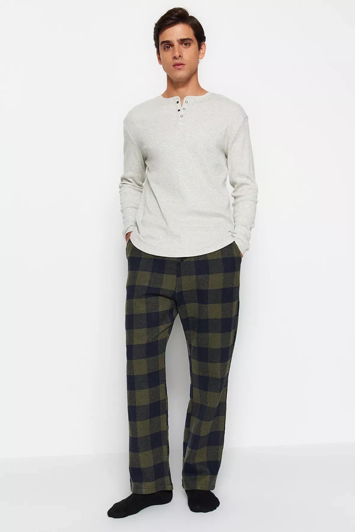 Khaki Plaid Weave Pyjama Bottoms, Khaki, medium