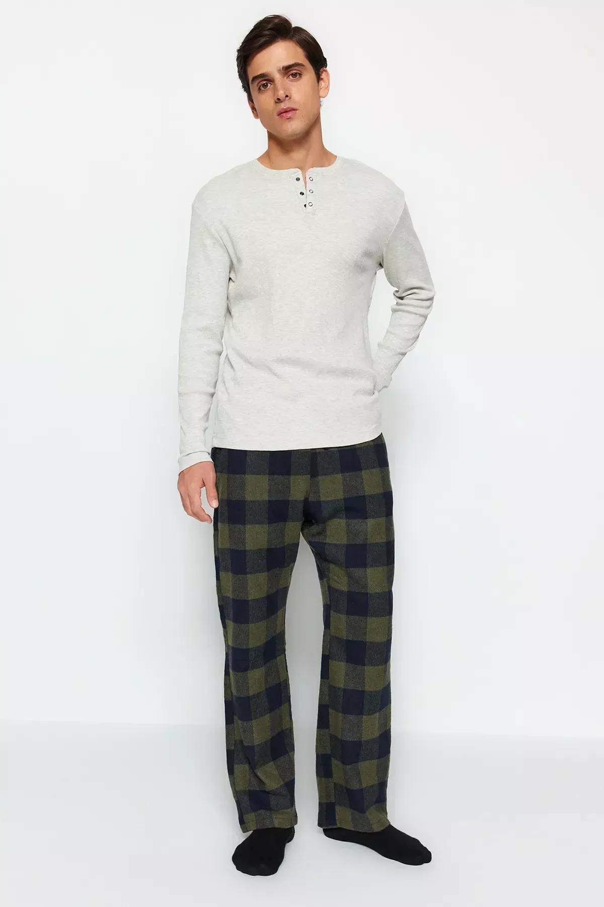 Khaki Plaid Weave Pyjama Bottoms, Khaki, medium