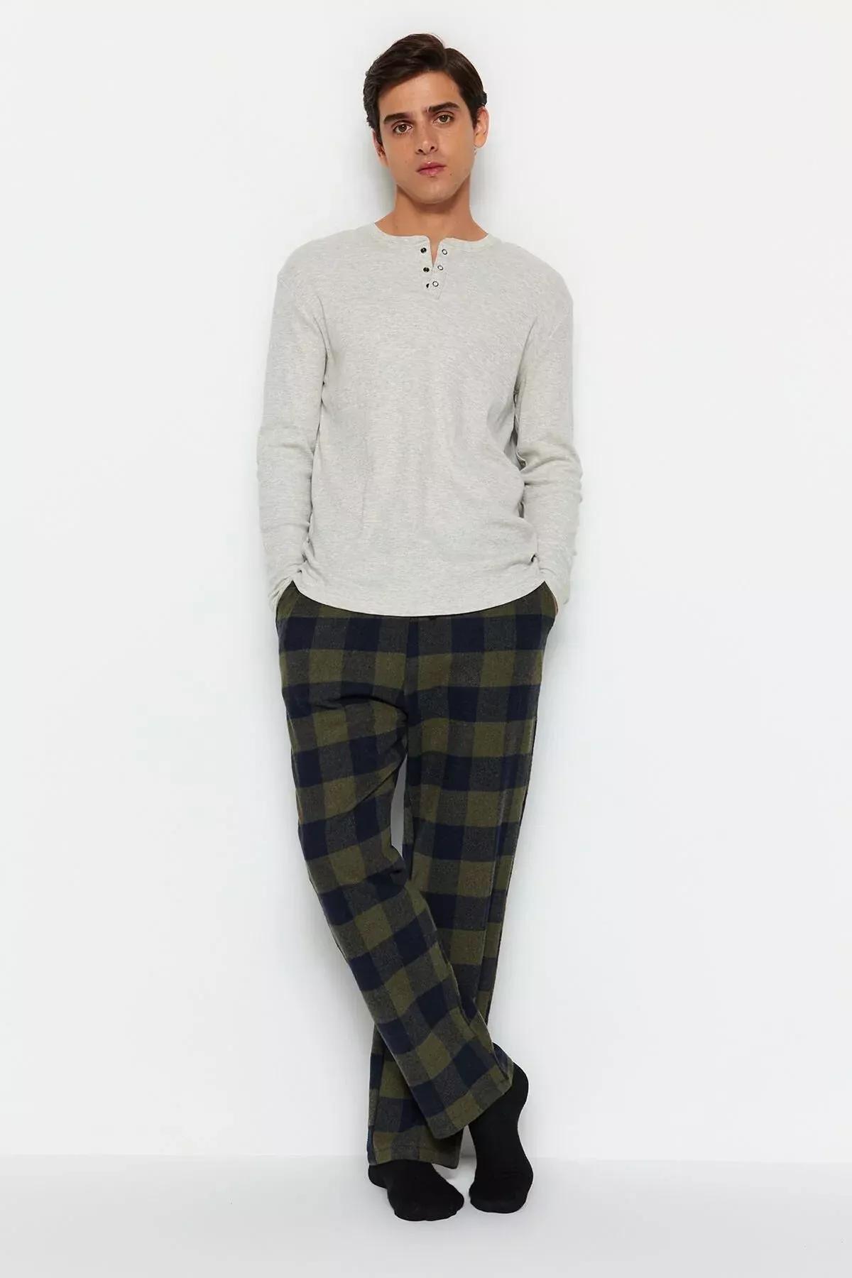 Khaki Plaid Weave Pyjama Bottoms, Khaki, medium