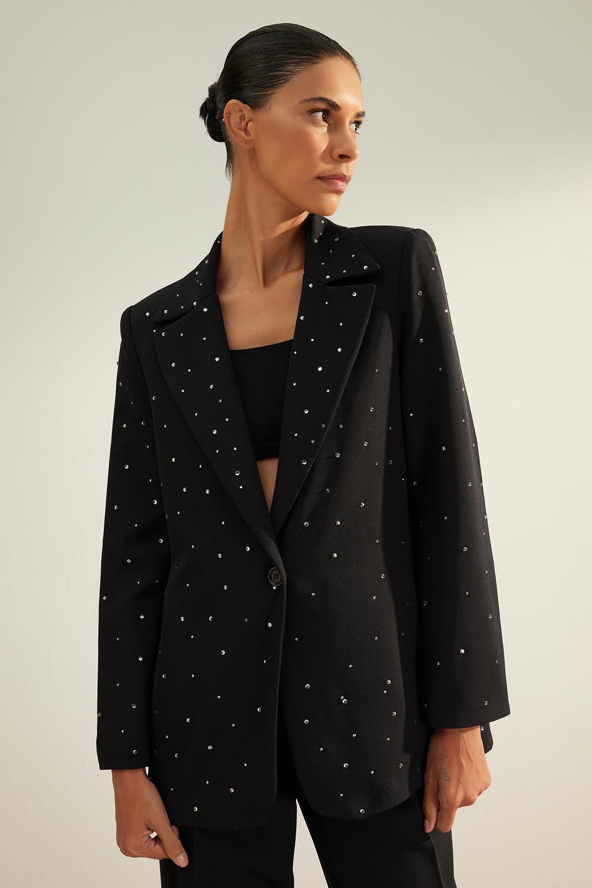 Black Lined Detailed Blazer, BLACK, large image number 0