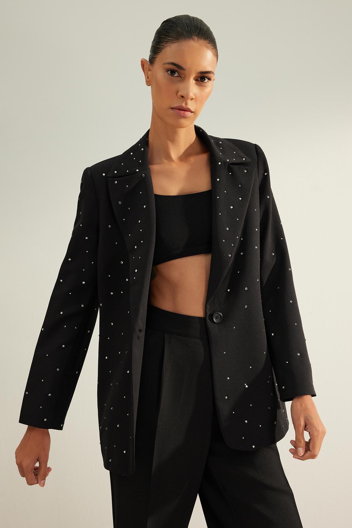 Black Lined Detailed Blazer, BLACK, large image number 2