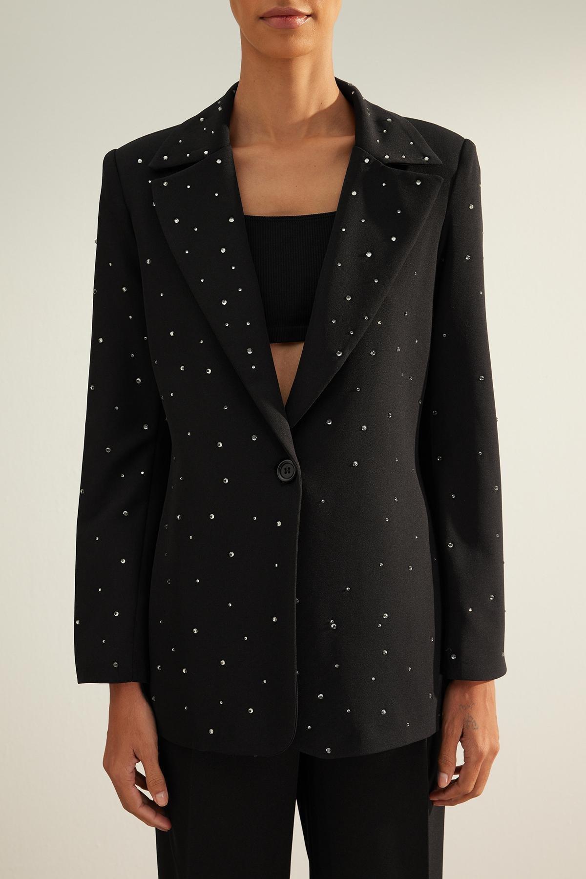 Black Lined Detailed Blazer, BLACK, large image number 3