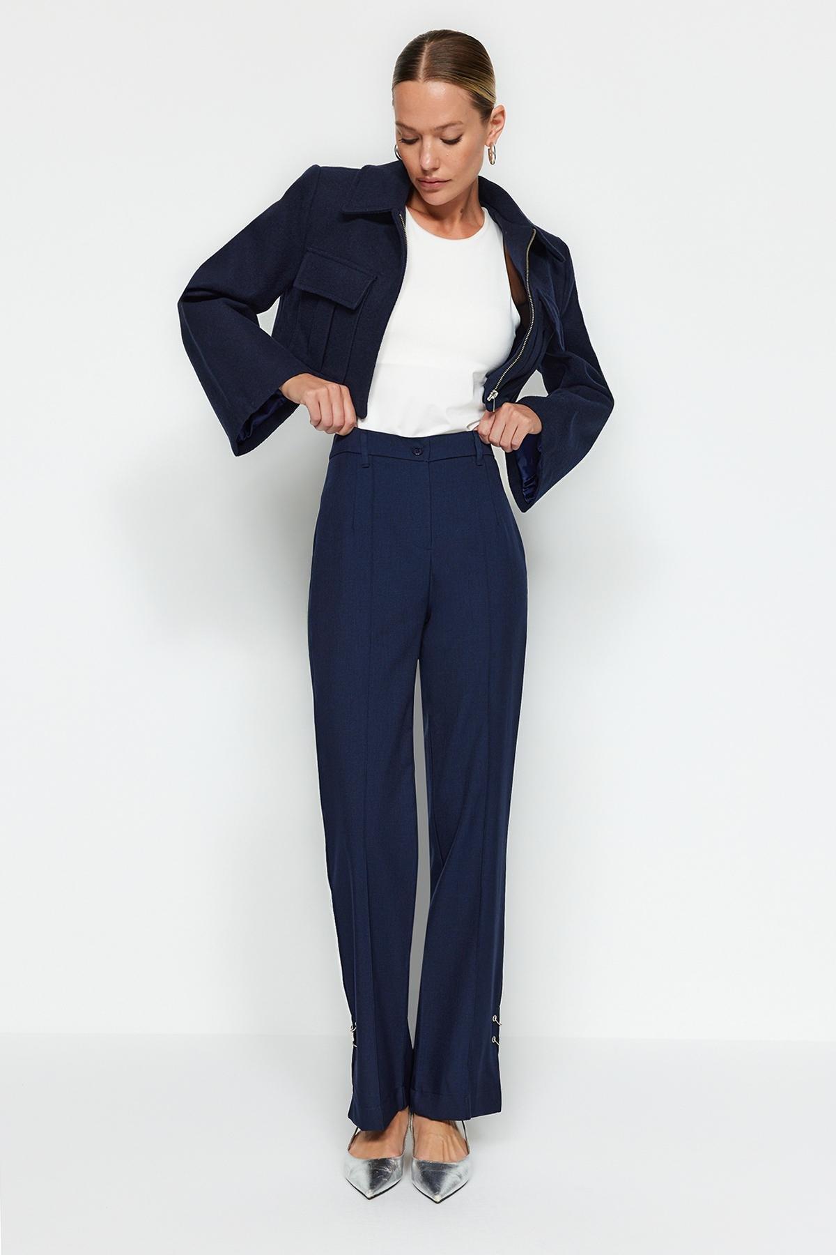 Trendyol - Navy Straight Ribbed Trousers