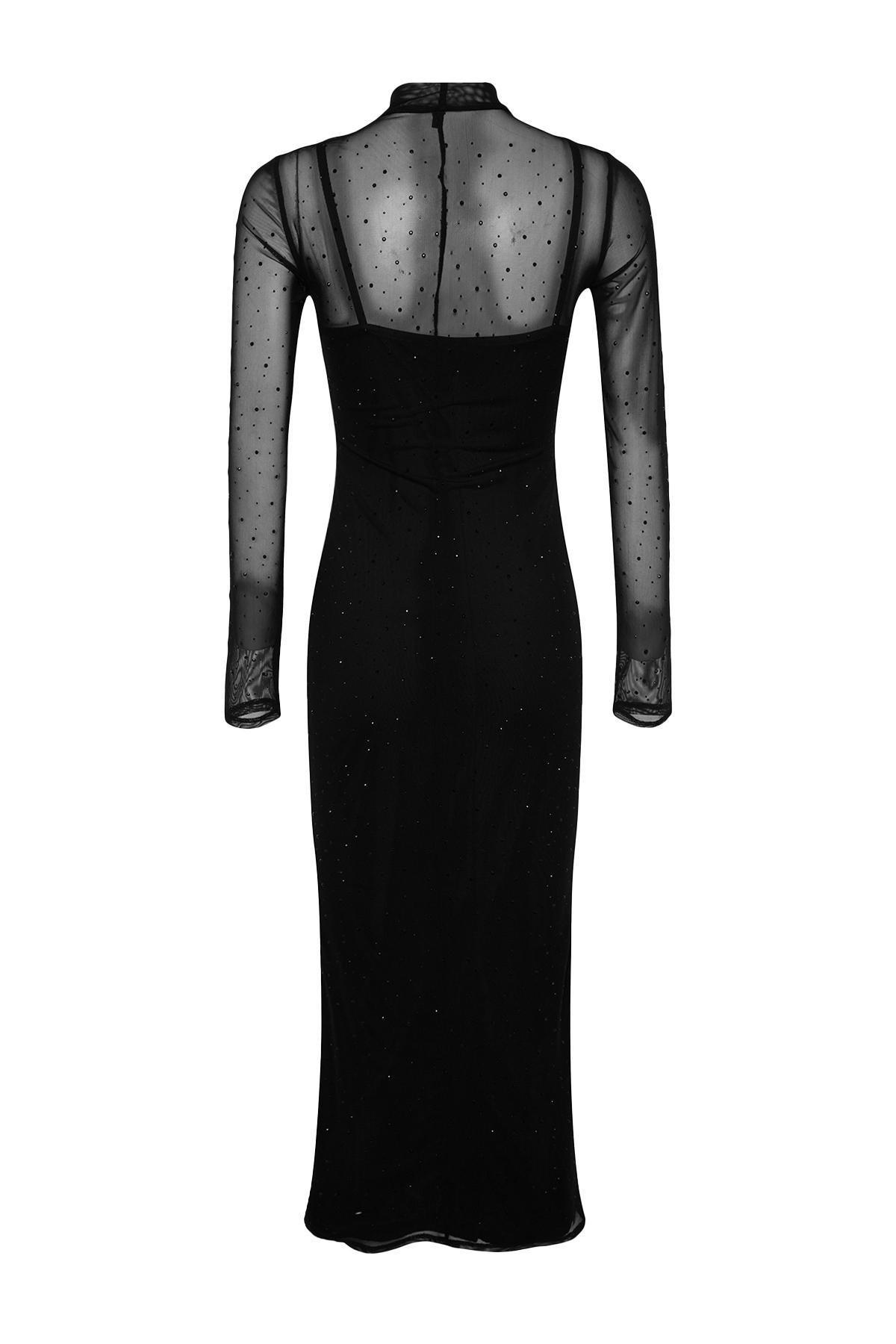Black High Neck Detailed Dress, , large image number 4
