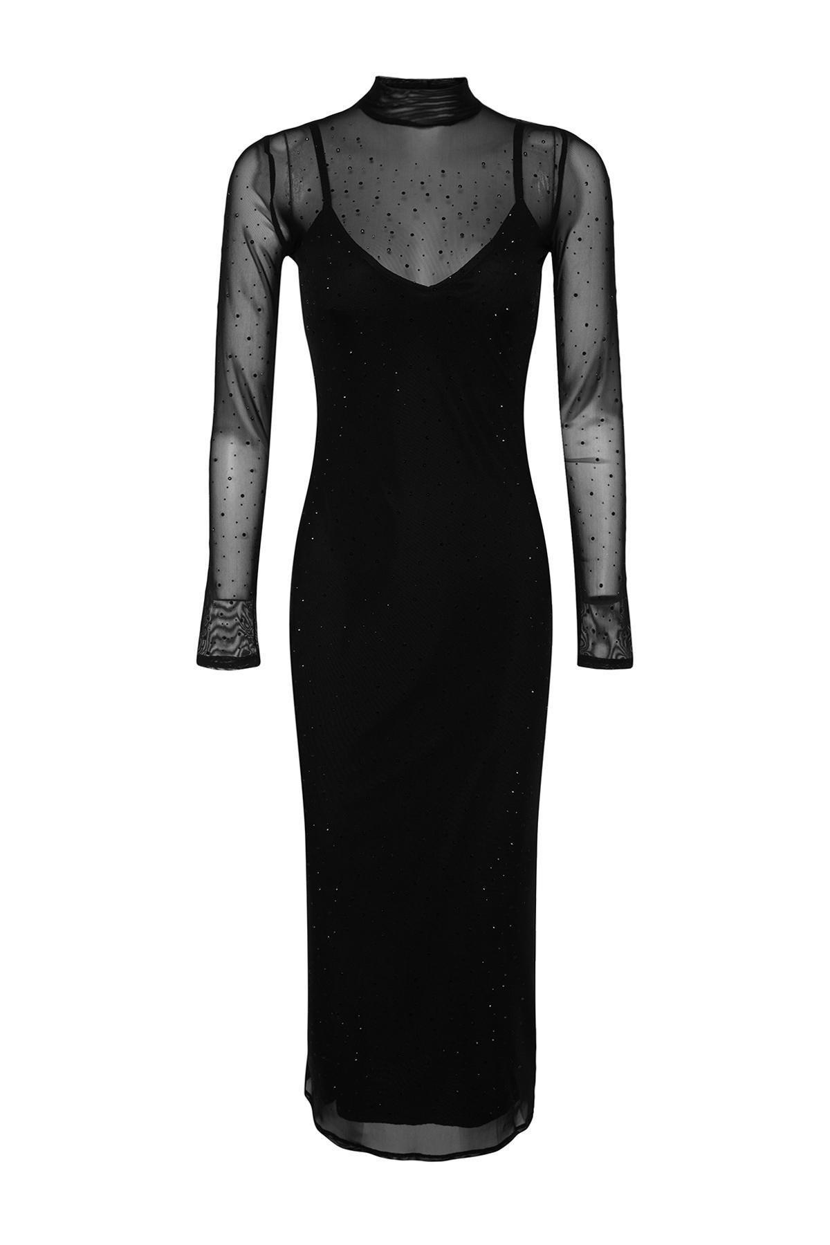 Black High Neck Detailed Dress, , large image number 8