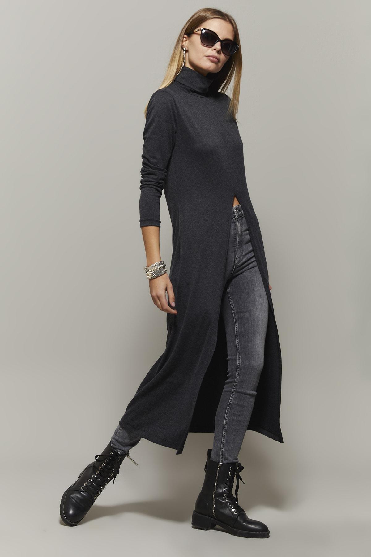 Grey Turtleneck Long Slit Tunic, Anthracite, large image number 0
