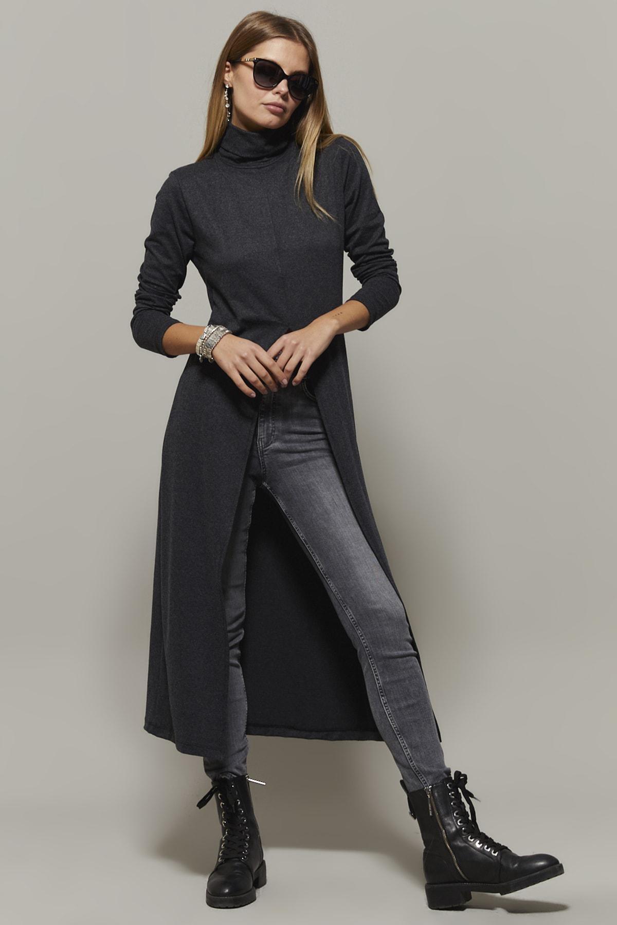 Grey Turtleneck Long Slit Tunic, Anthracite, large image number 1