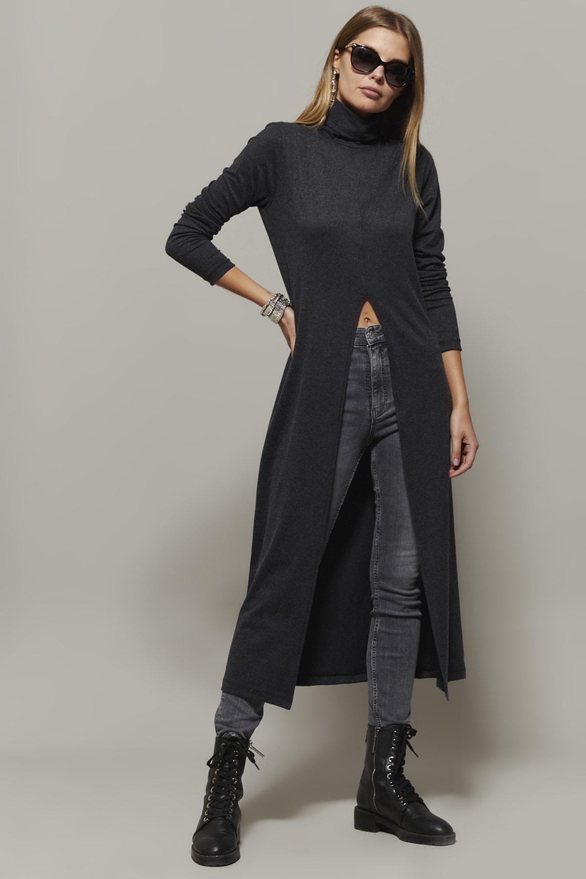 Grey Turtleneck Long Slit Tunic, Anthracite, large image number 2