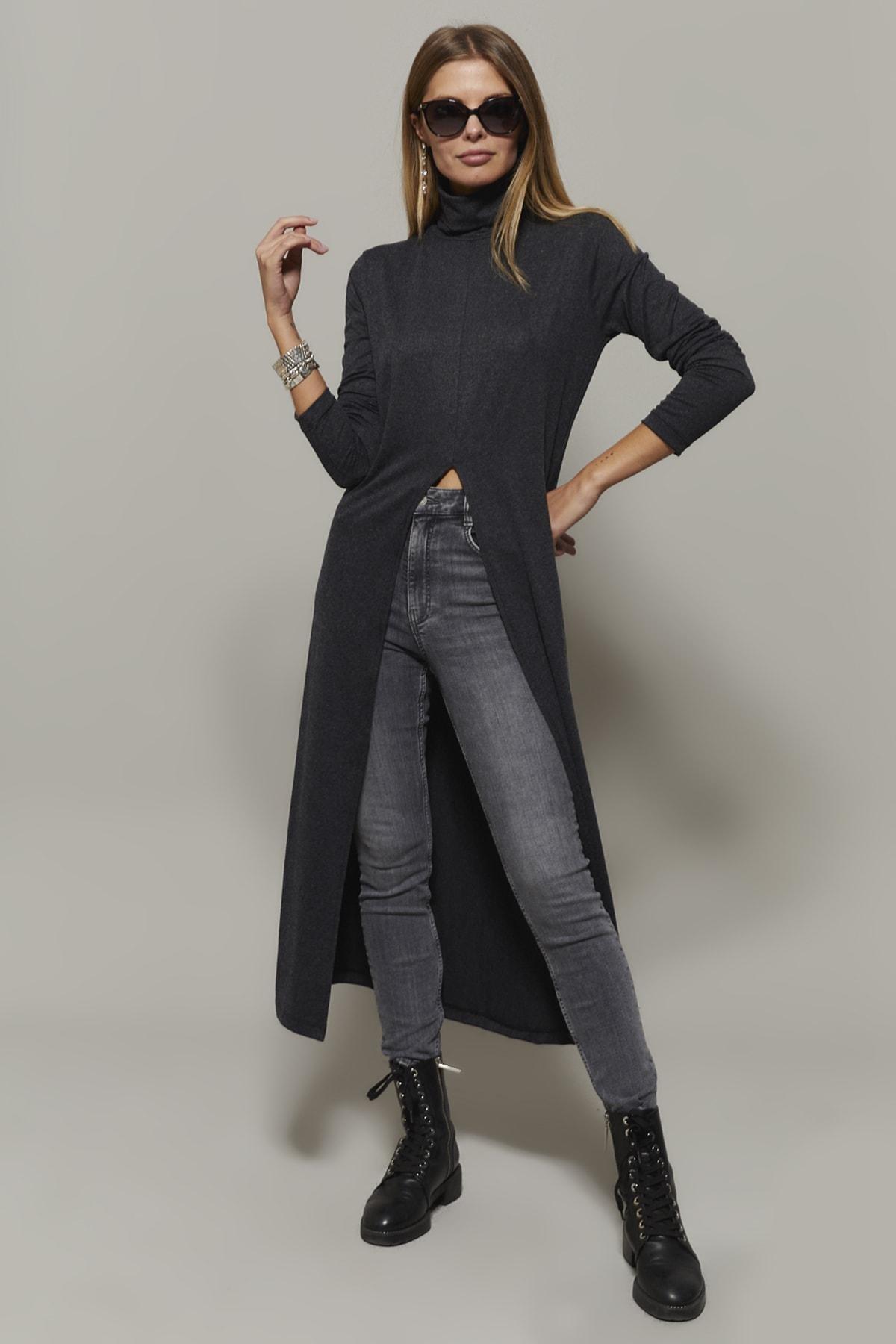 Grey Turtleneck Long Slit Tunic, Anthracite, large image number 3