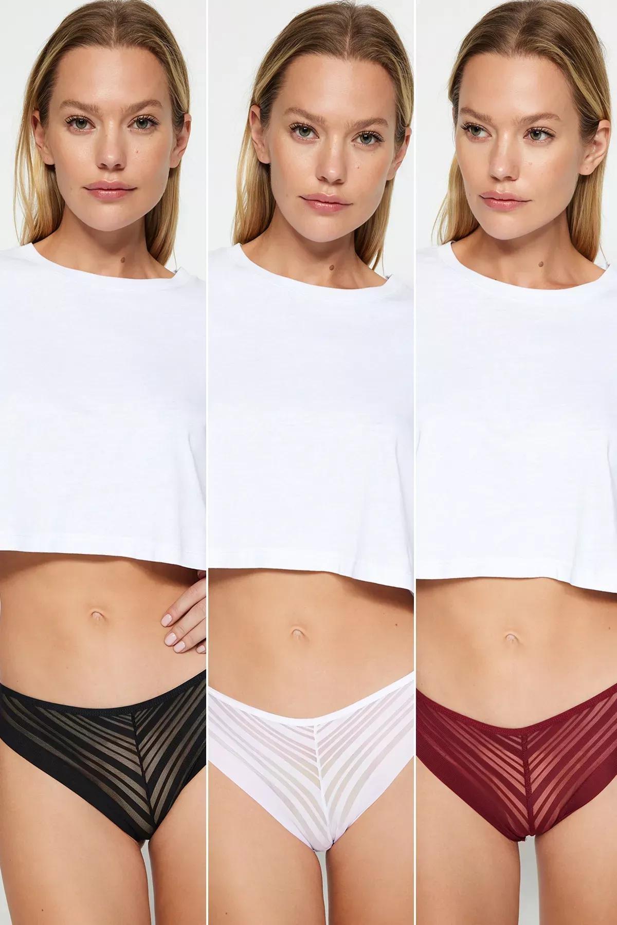 Multicolour Brazilian Knitted Briefs, Set Of 3, White-Multicolor, large image number 0