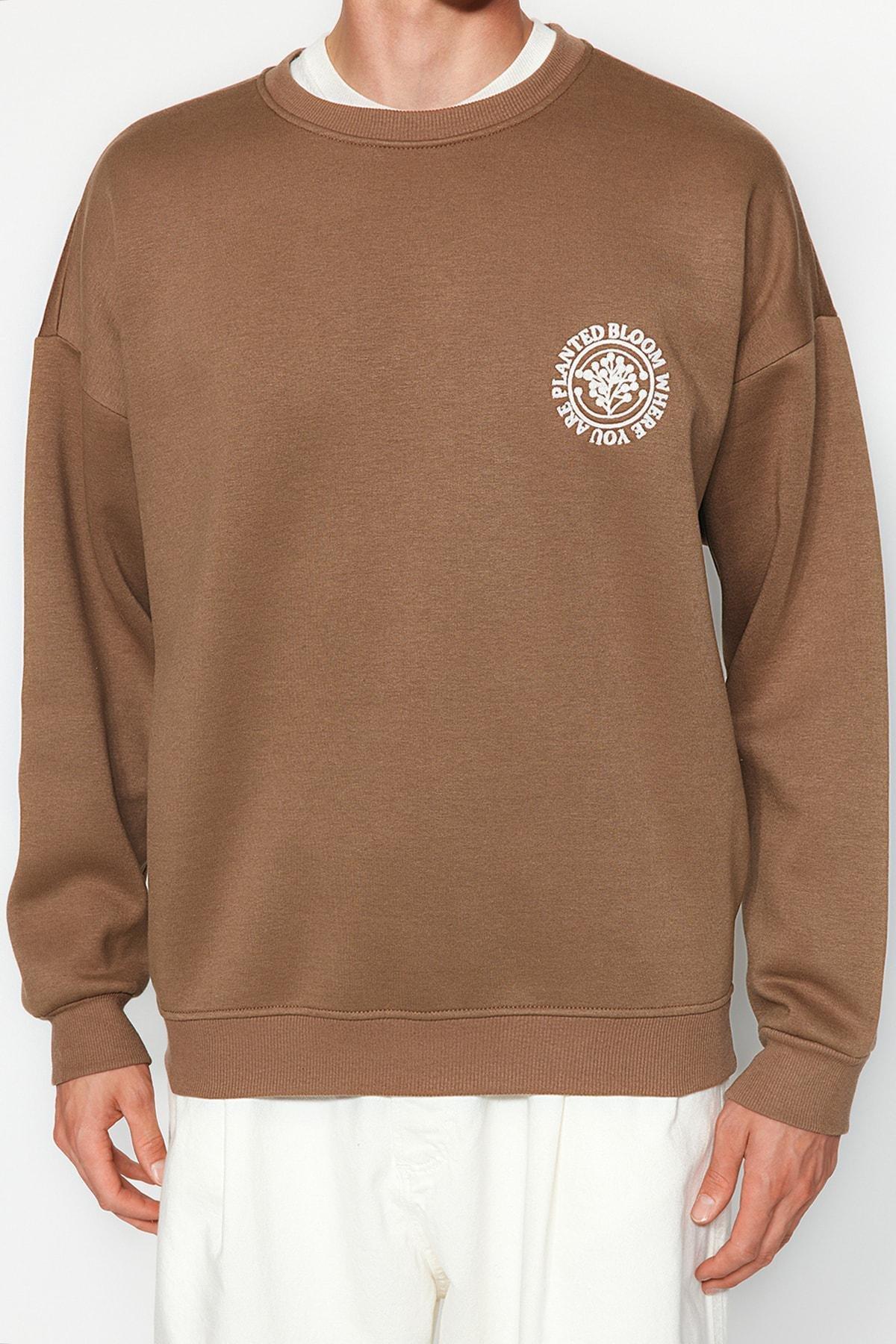 Brown Oversized Floral Embroidered Sweatshirt, , large image number 0