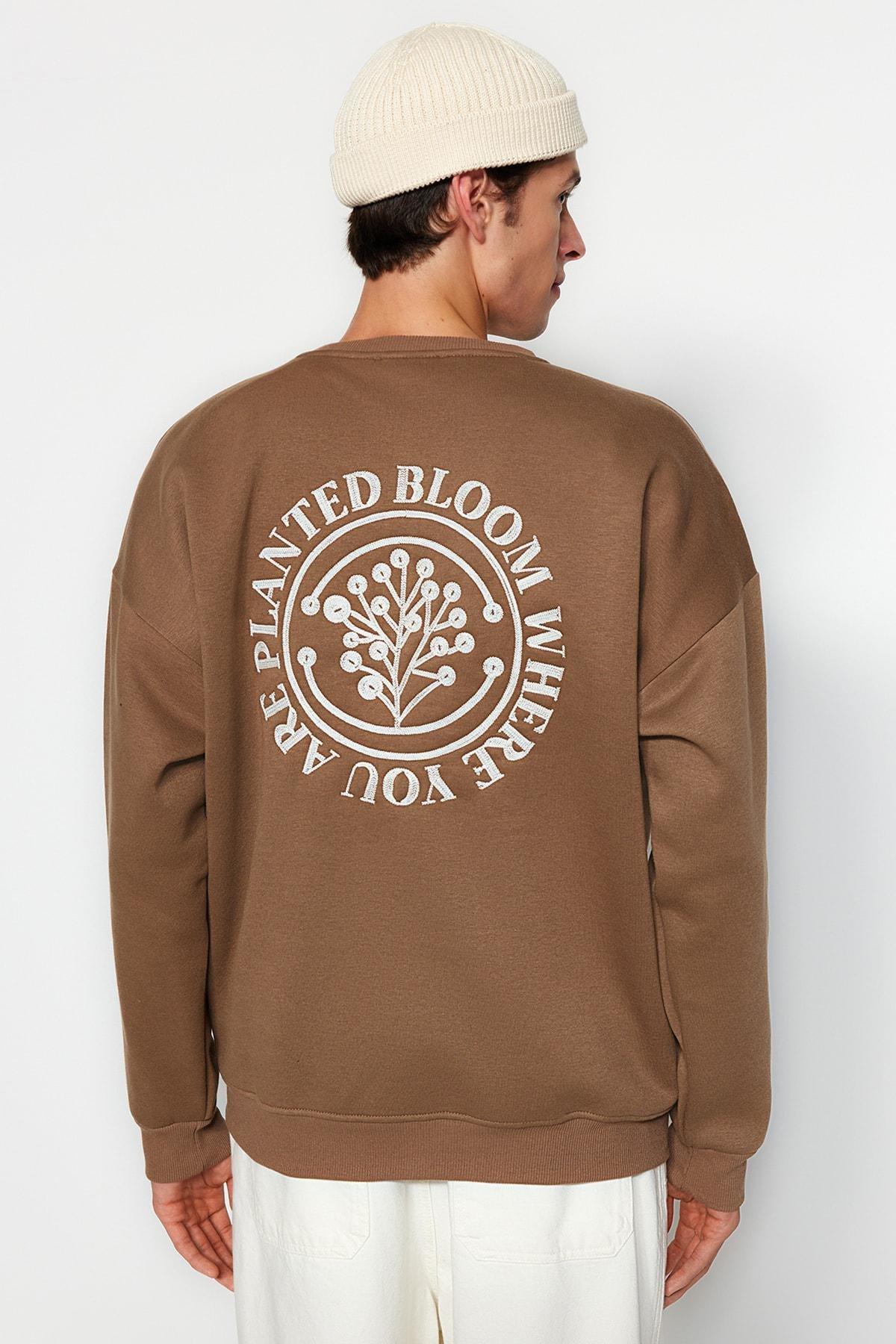 Brown Oversized Floral Embroidered Sweatshirt, , large image number 4
