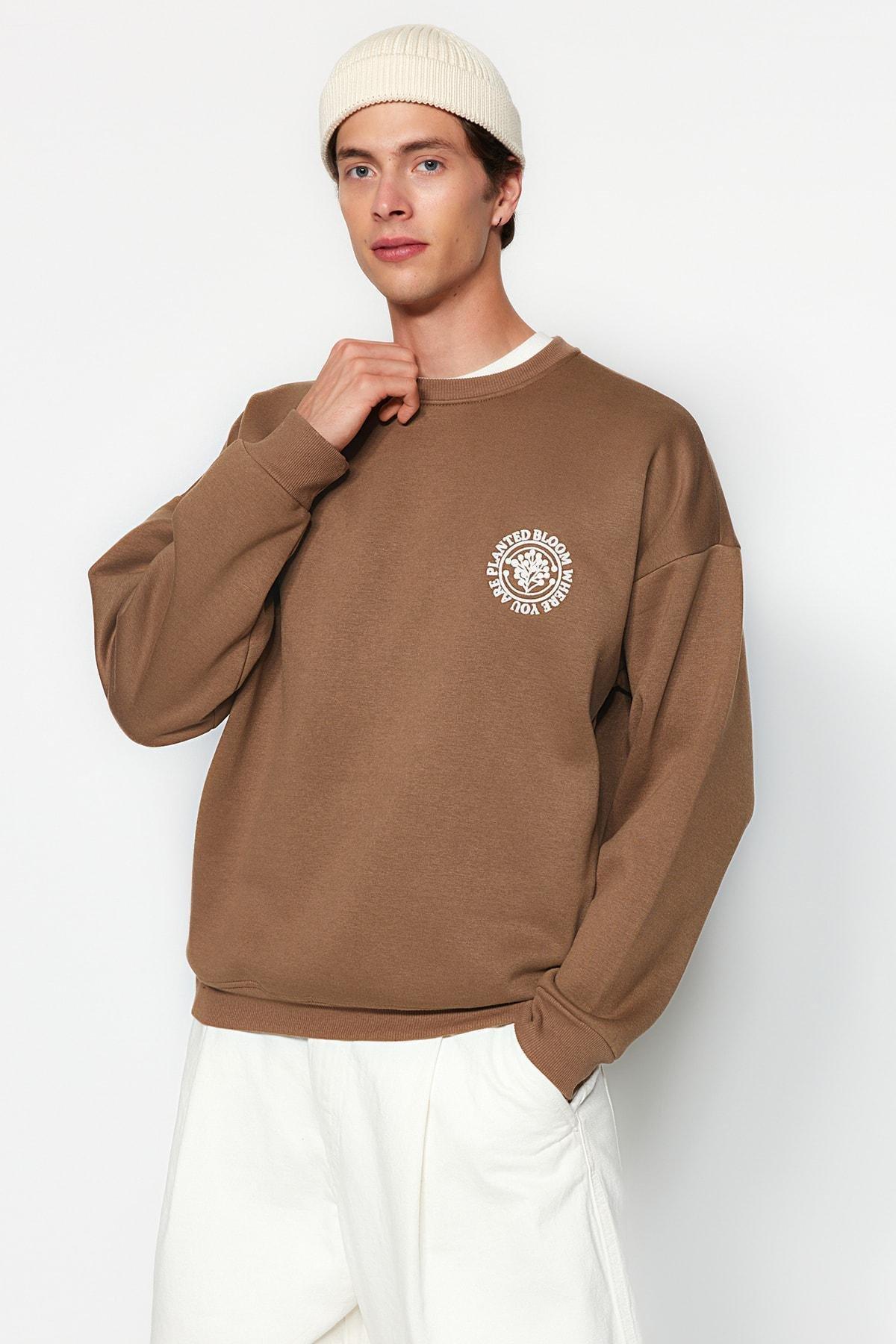 Brown Oversized Floral Embroidered Sweatshirt, , large image number 6
