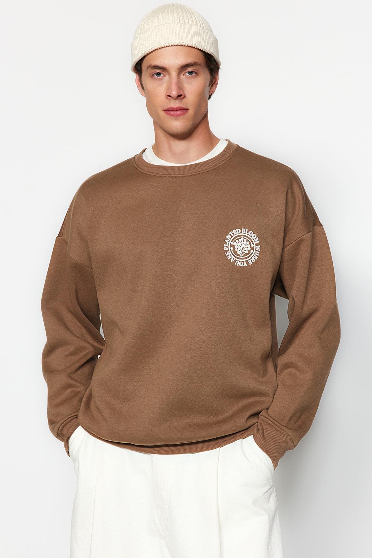 Brown Oversized Floral Embroidered Sweatshirt, , large image number 7
