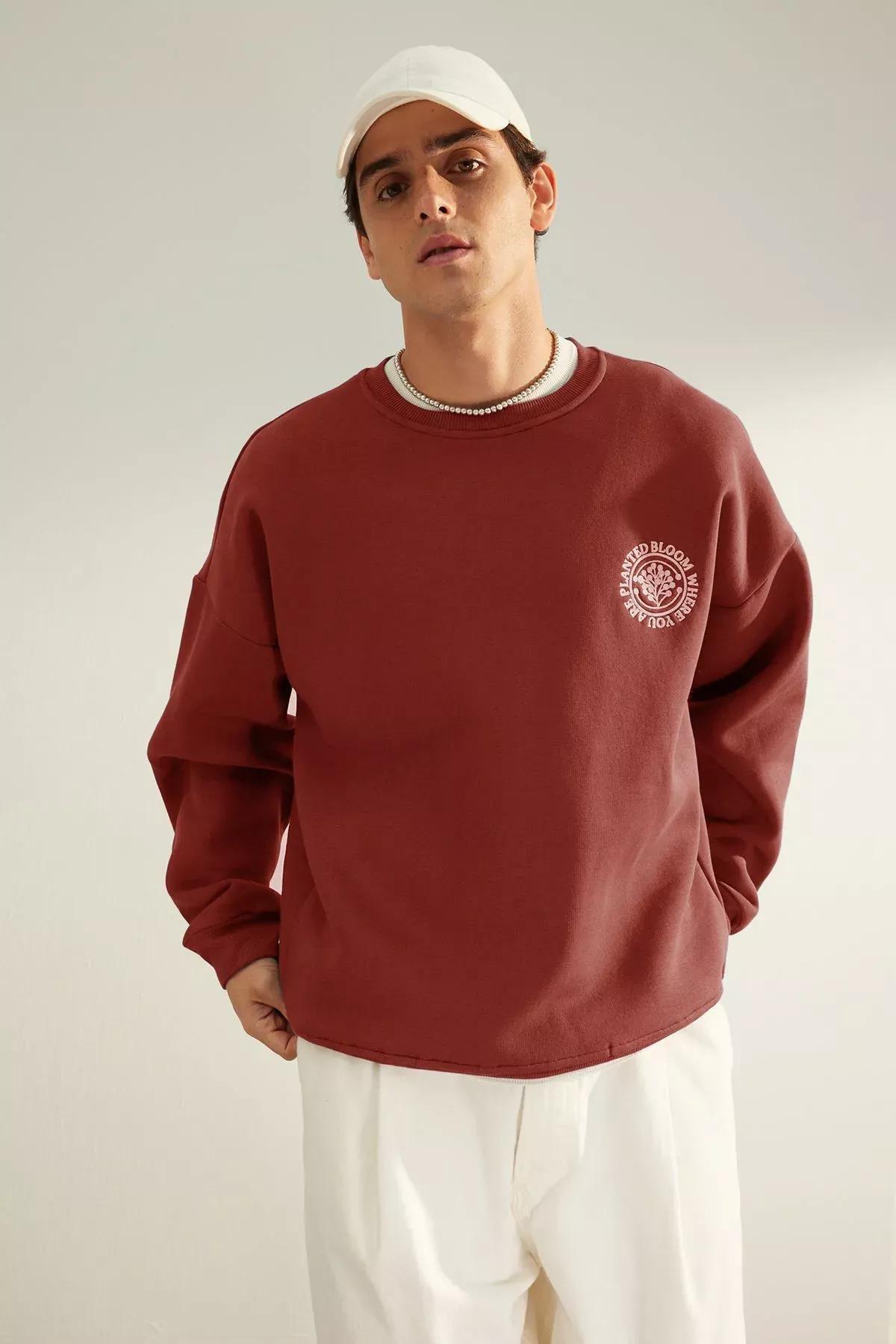 Red Embroidered Polar Fleece Sweatshirt, Tile, medium