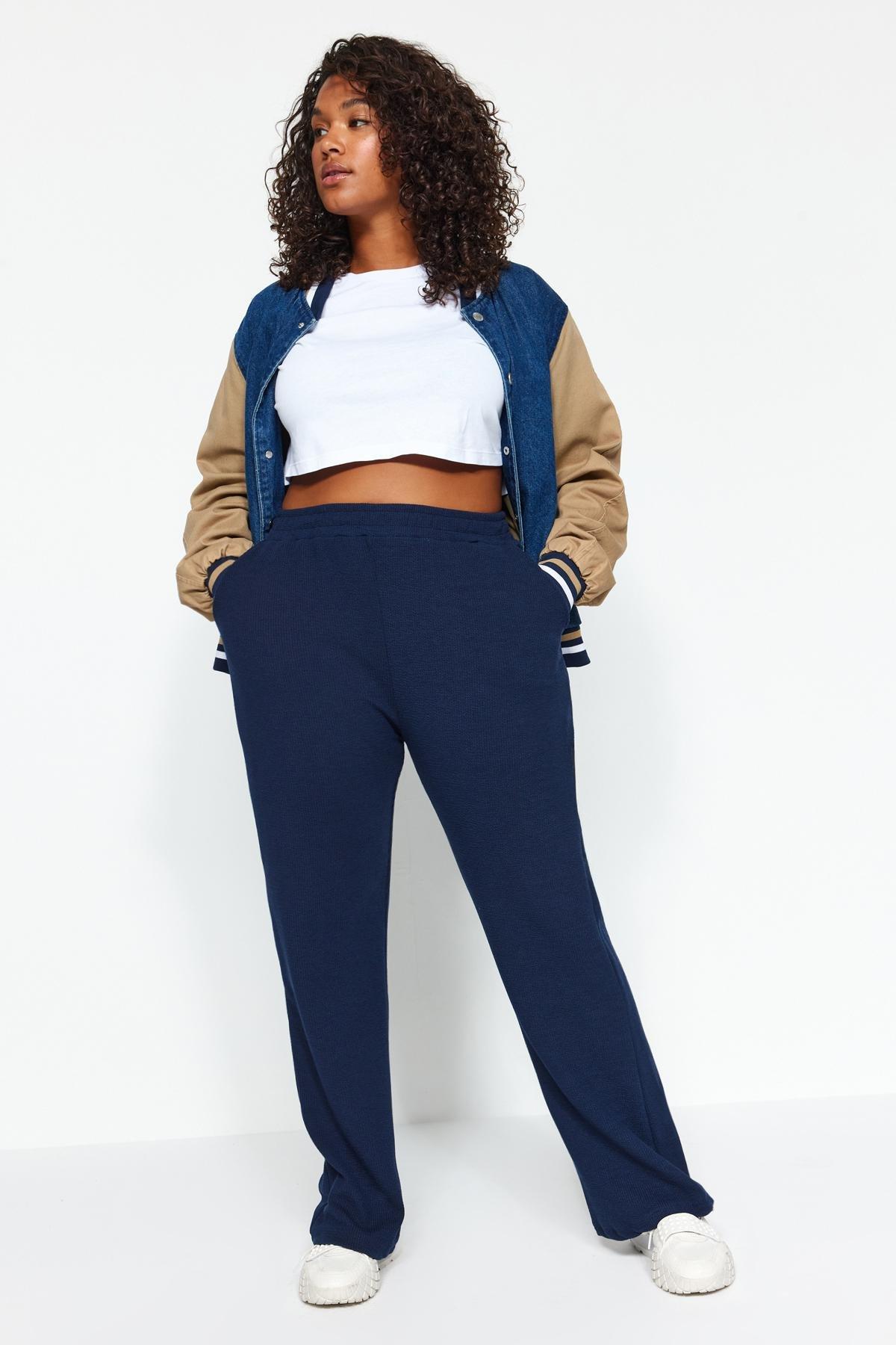Blue Crepe Knit Sweatpants, Navy blue, large image number 1