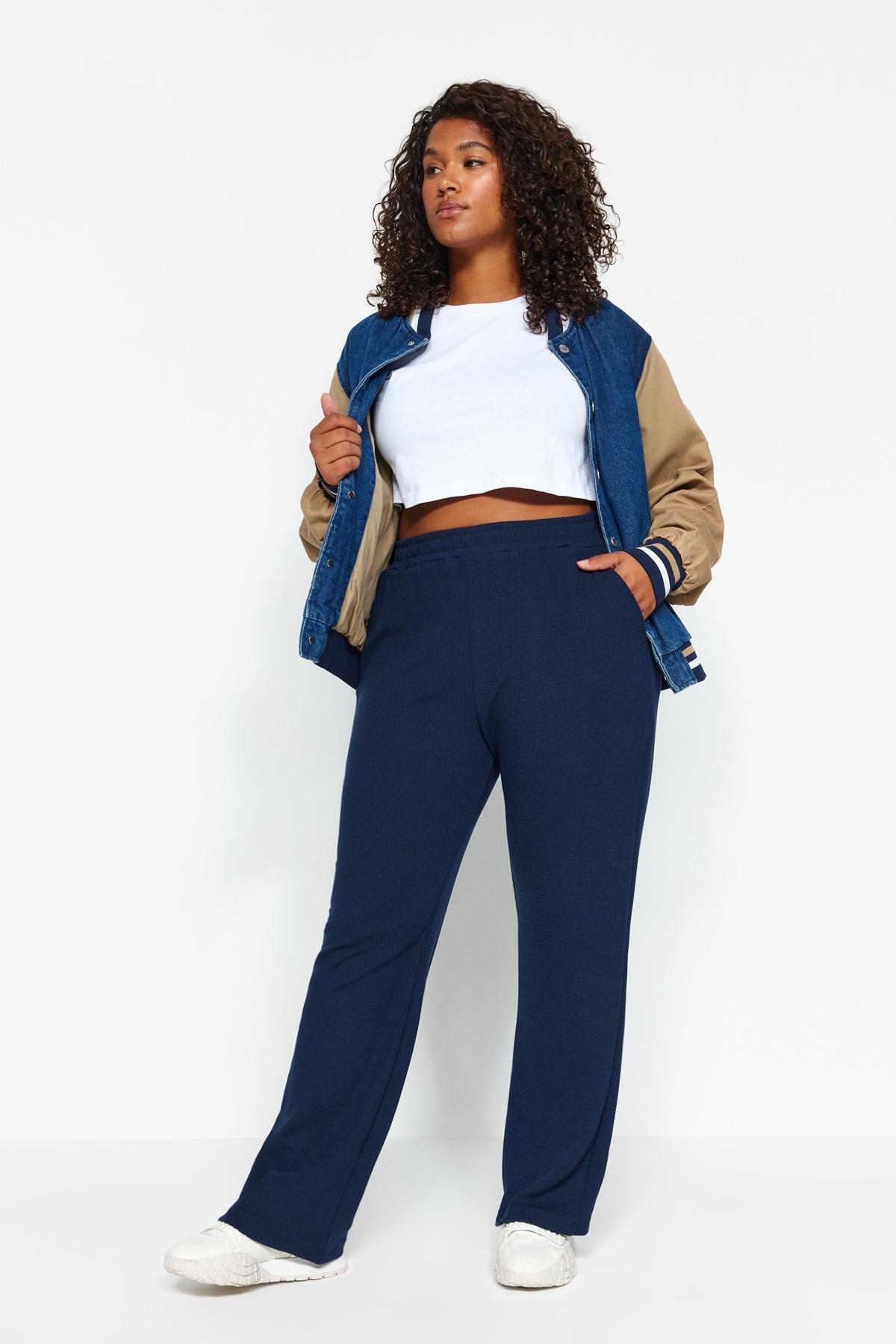 Blue Crepe Knit Sweatpants, Navy blue, large image number 2