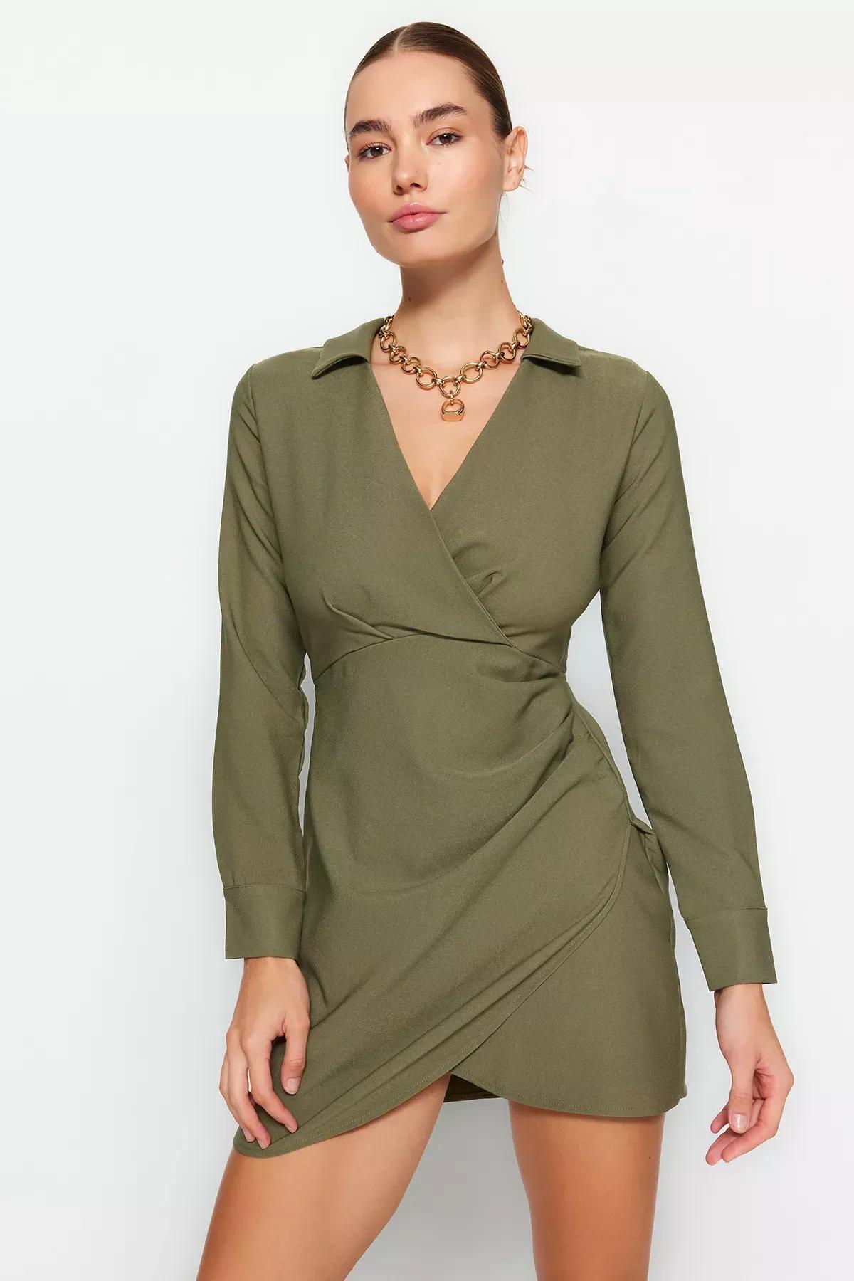 Khaki Double-Breasted Woven Dress, , large image number 1