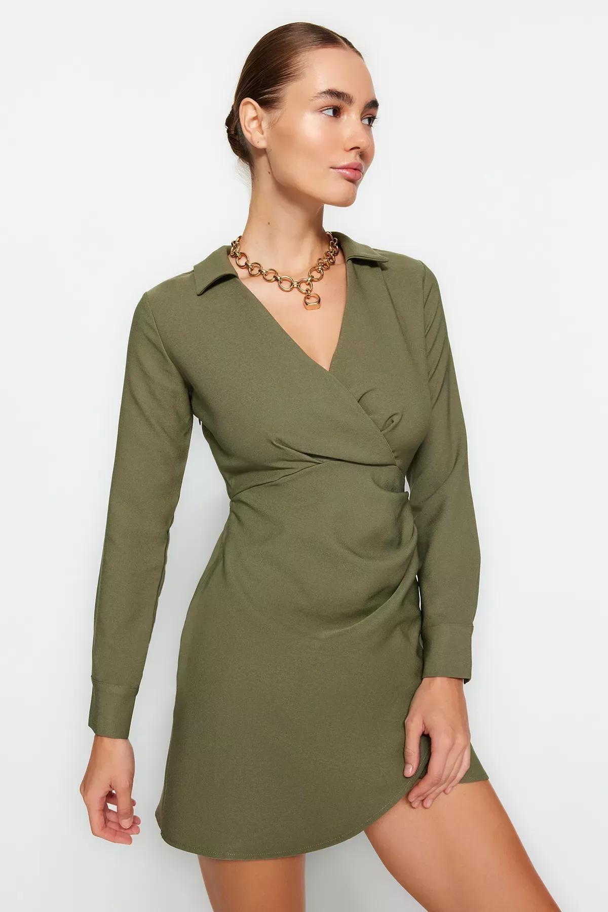 Khaki Double-Breasted Woven Dress, , large image number 2