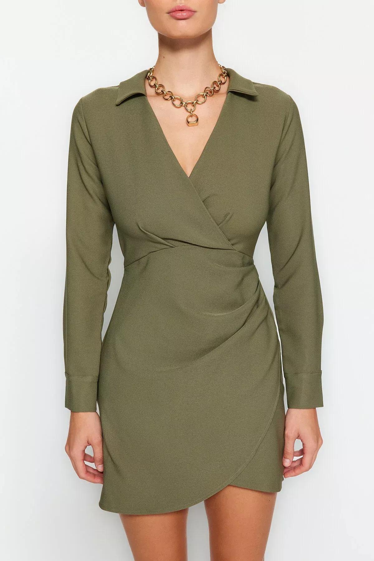 Khaki Double-Breasted Woven Dress, , large image number 3