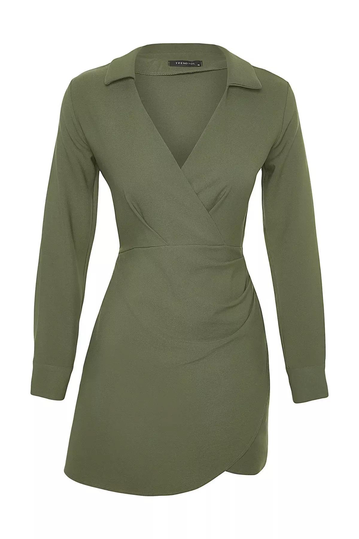 Khaki Double-Breasted Woven Dress, , large image number 5