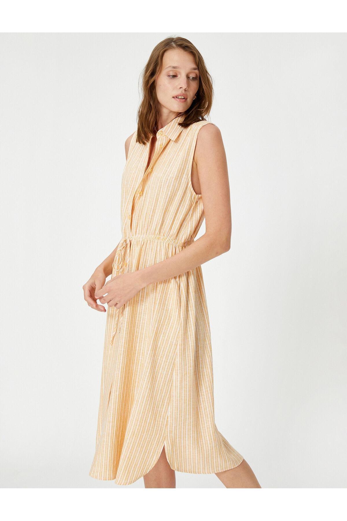 Yellow Striped Sleeveless Midi Shirt Dress, , large image number 0
