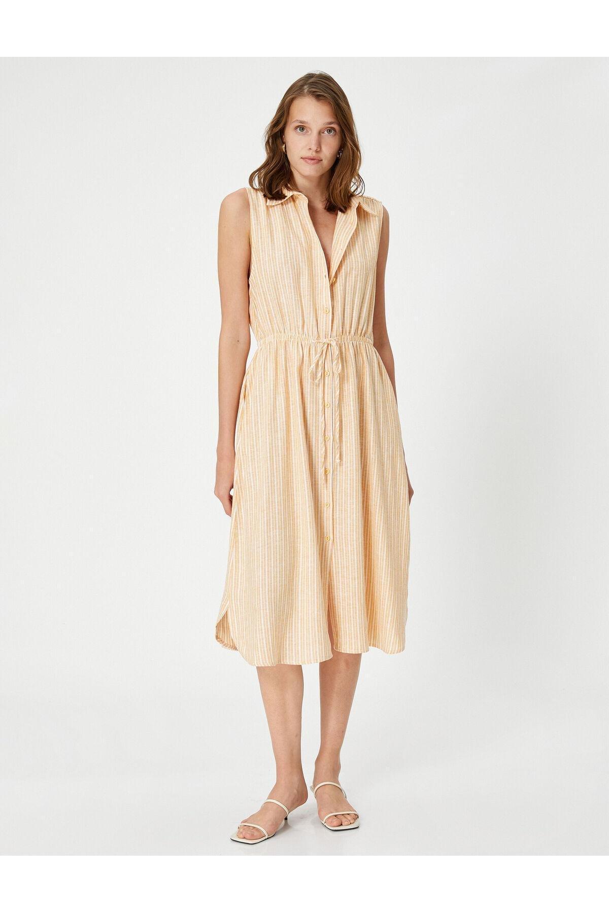 Yellow Striped Sleeveless Midi Shirt Dress, , large image number 1