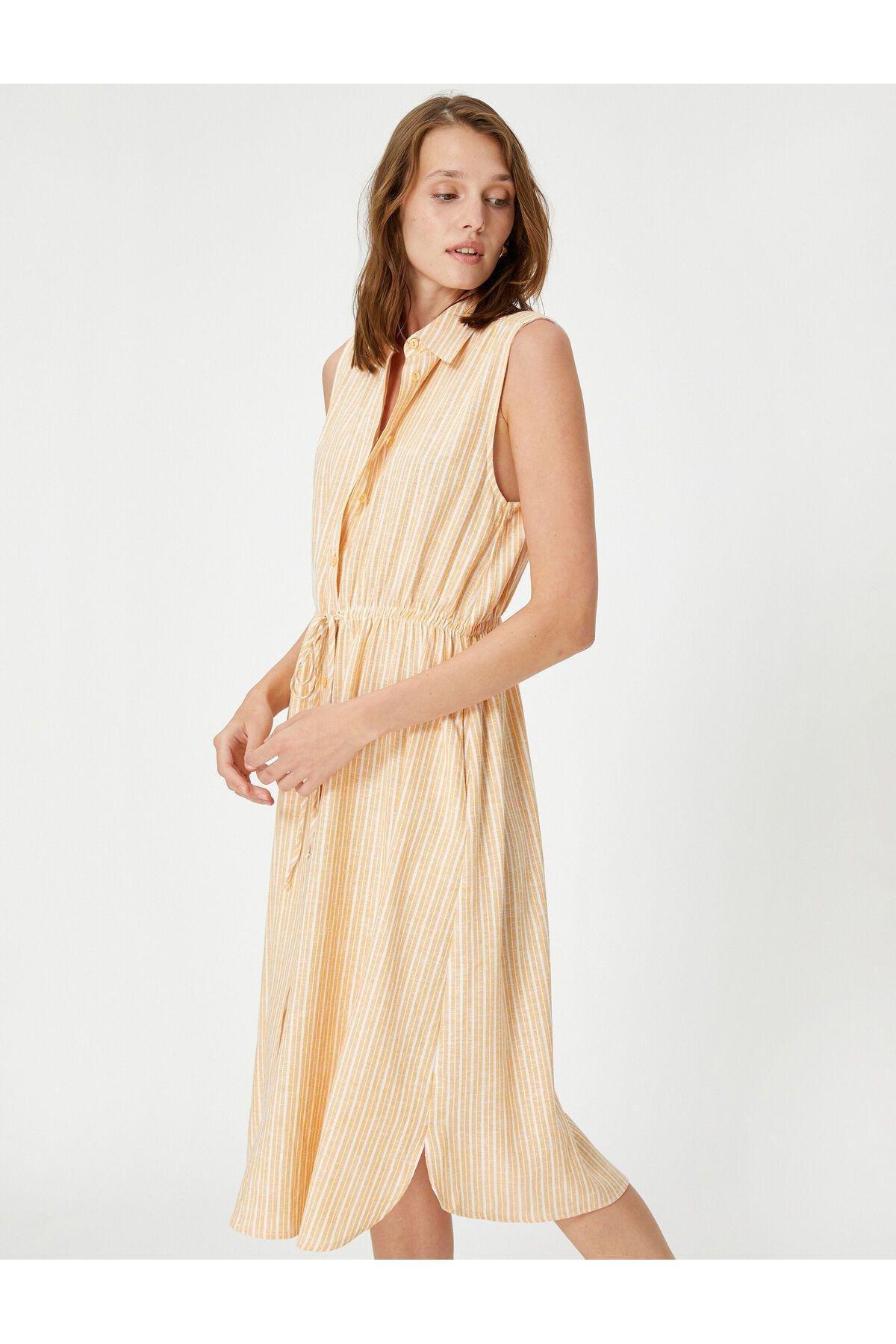 Yellow Striped Sleeveless Midi Shirt Dress, , large image number 2
